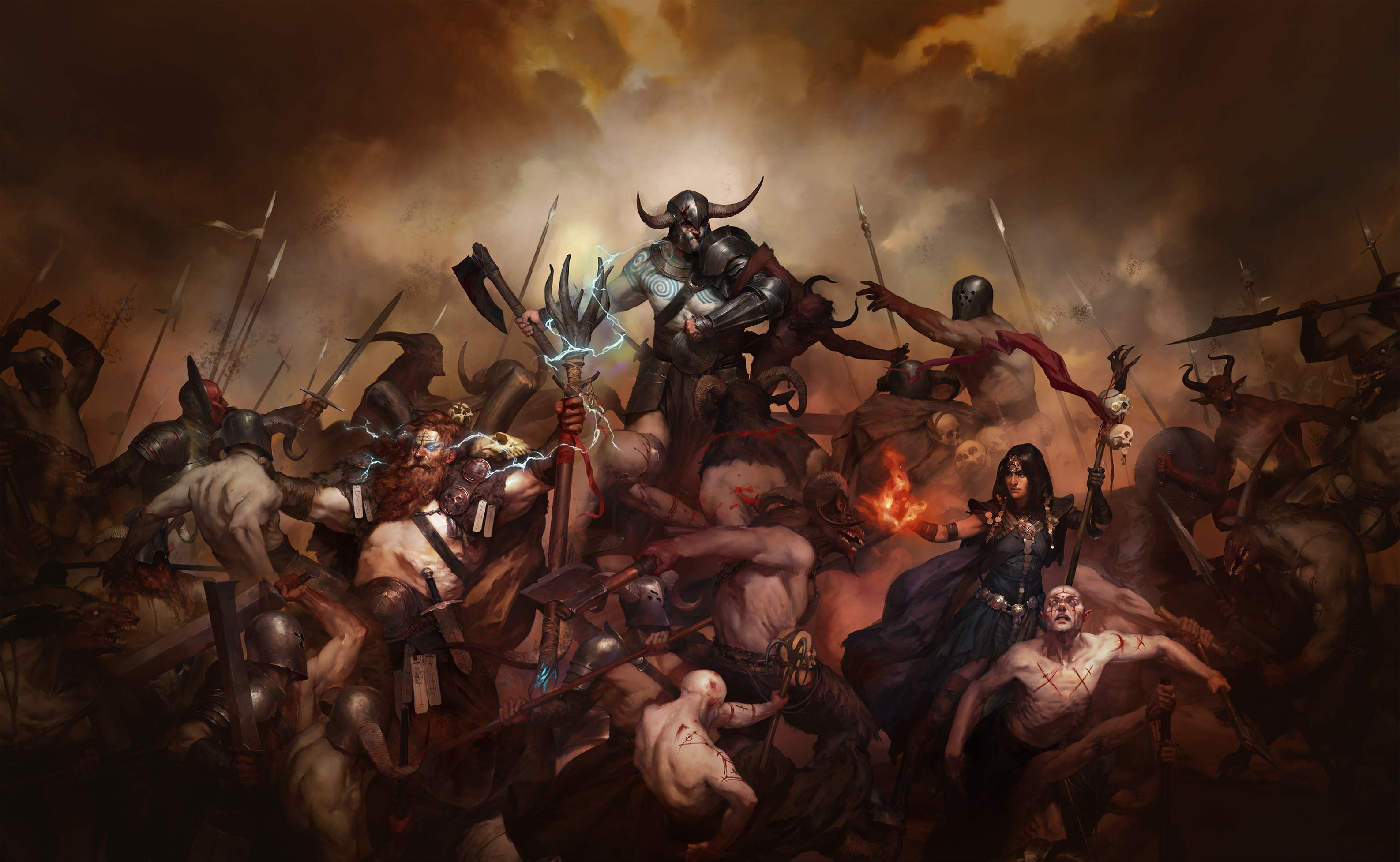 The five classes in Diablo 4 stand above a group of humans in a gothic painting