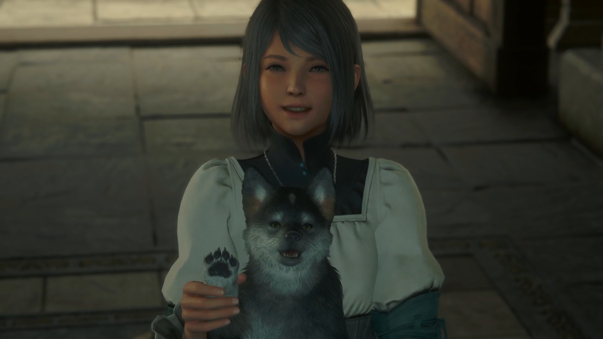Young Jill and puppy Torgal waving in Final Fantasy 16