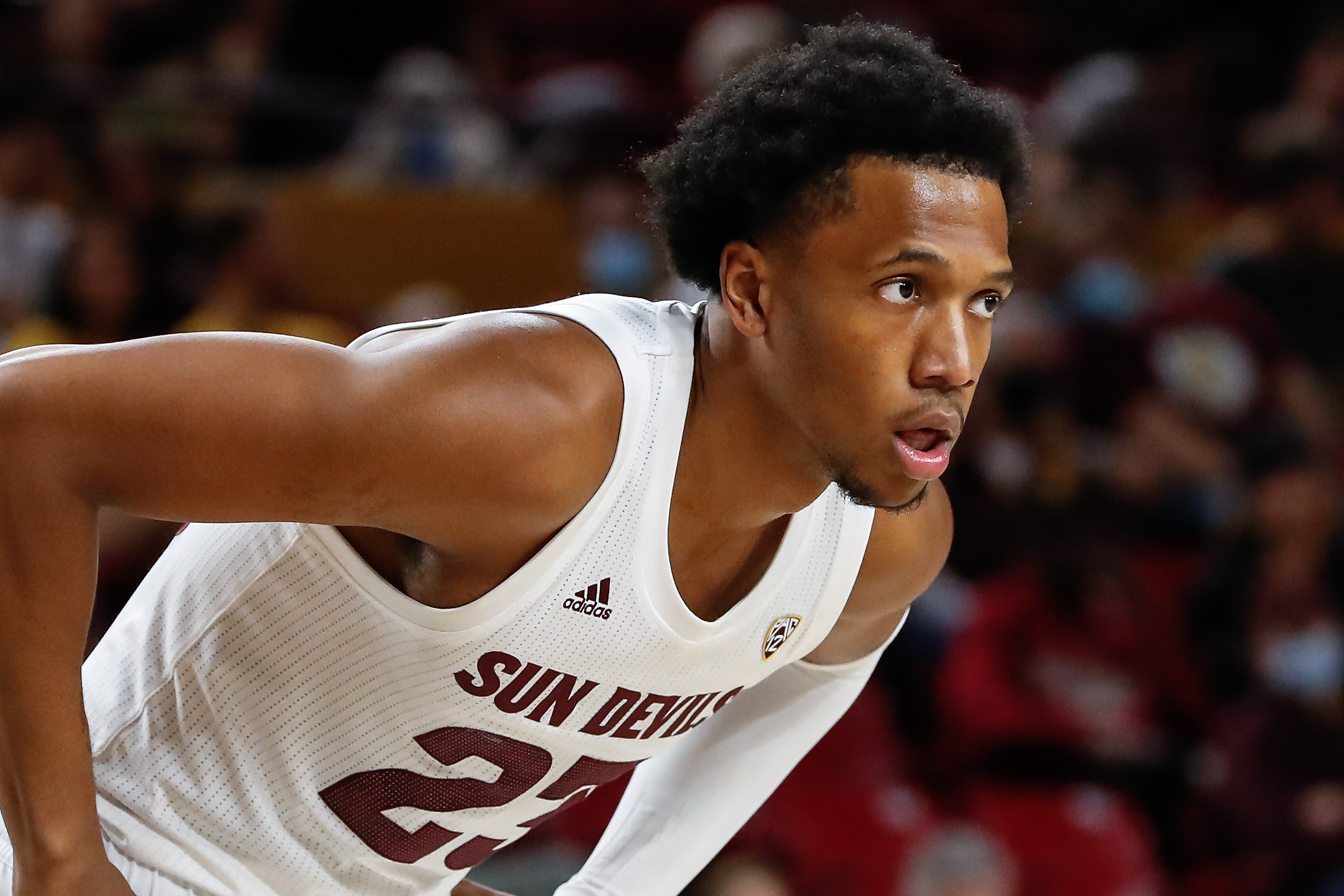 TEMPE, AZ - NOVEMBER 15: Arizona State Sun Devils forward Marcus Bagley (23) looks on during the college basketball game between the North Florida Ospreys and the Arizona State Sun Devils on November 15, 2021 at Desert Financial Arena in Tempe, Arizona.