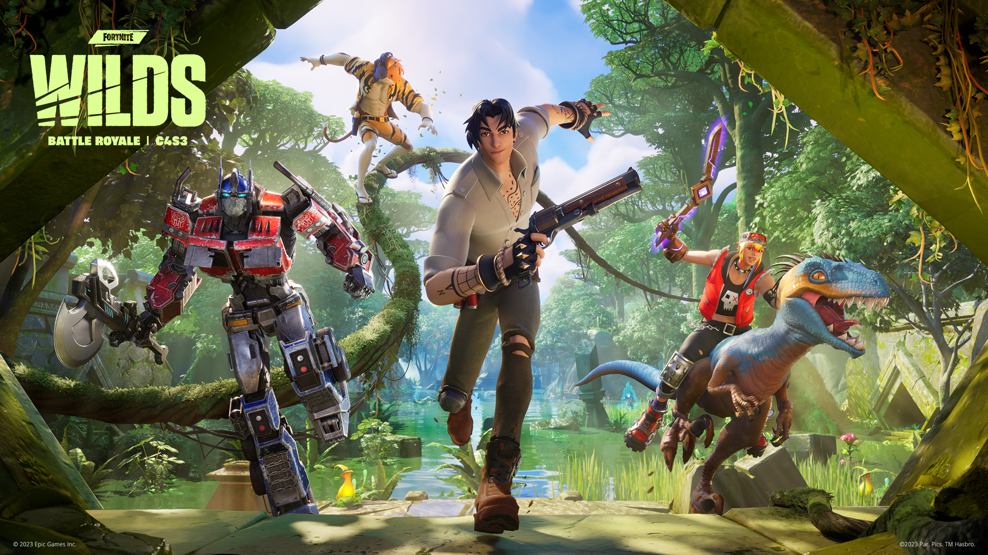 Fortnite Wilds key art, featuring several of the battle pass characters, including Optimus Prime and Purradise Meowscles