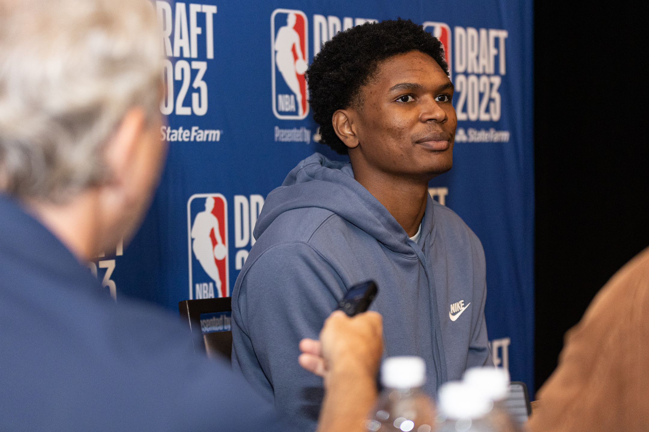 NEW YORK, NY - JUNE 21: NBA Draft Prospect, Ausar Thompson talks to the media during media availability and circuit as part of the 2023 NBA Draft on June 21, 2023 at the Westin Times Square in New York City.