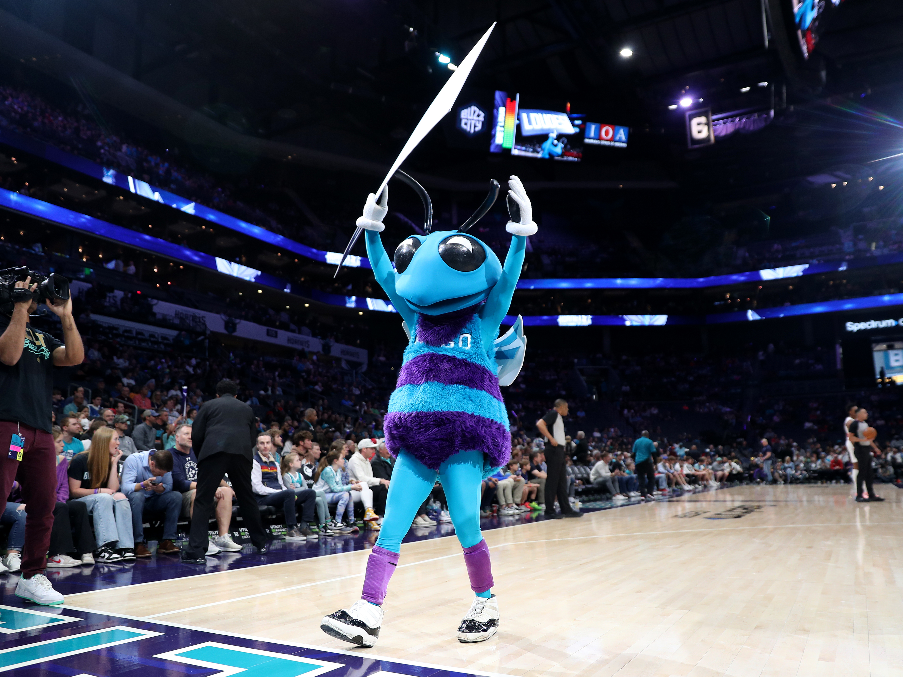 Hugo the mascot of the Charlotte Hornets during the game against the Toronto Raptors on April 2, 2023 at Spectrum Center in Charlotte, North Carolina.