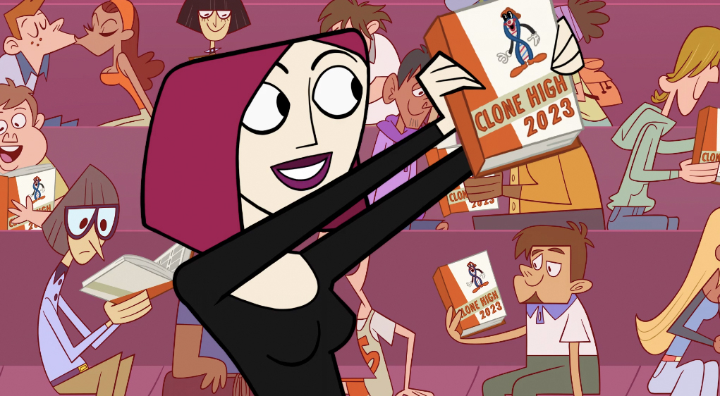 Joan of Arc holding up a yearbook that reads “Clone High 2023”