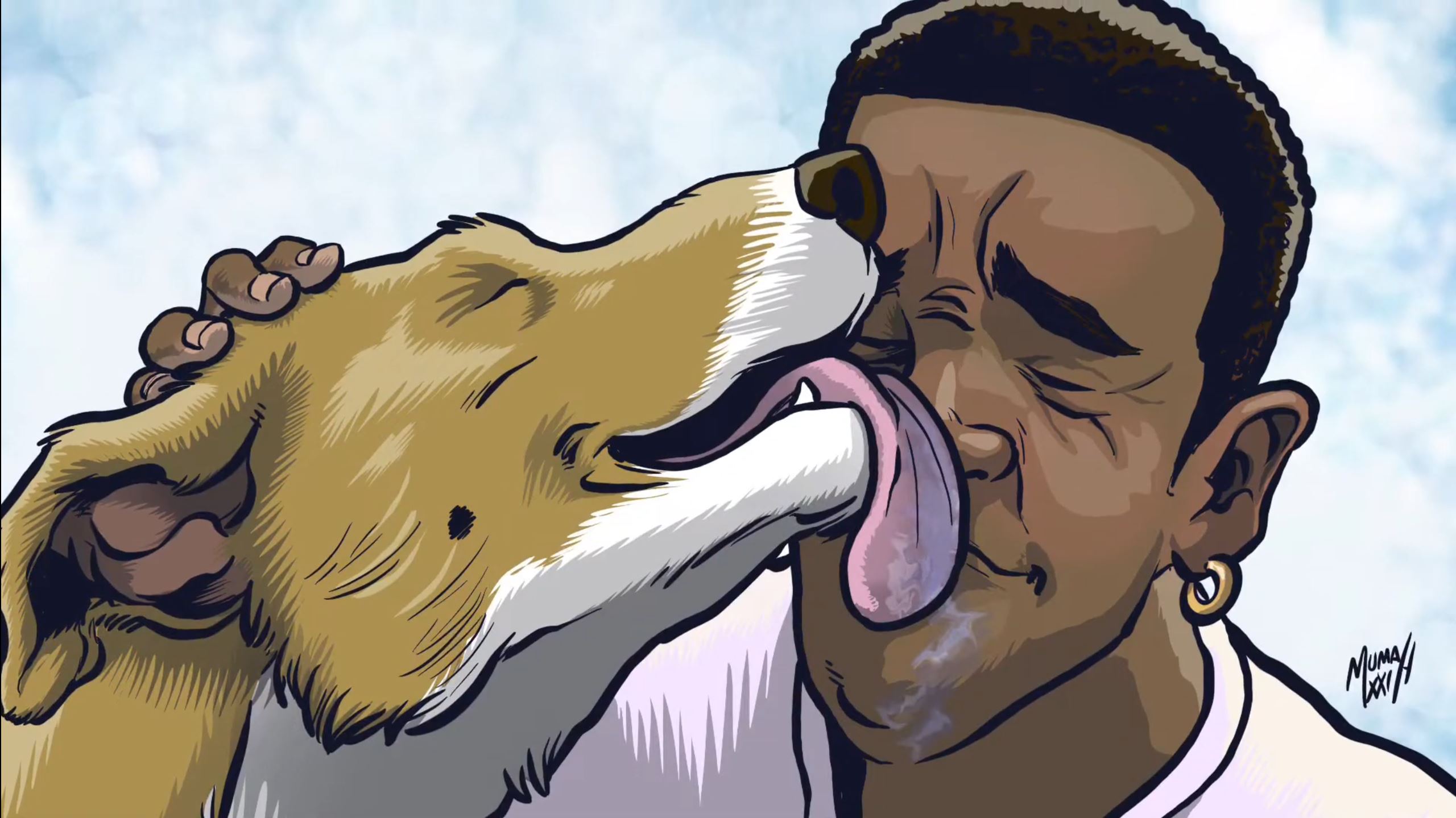 A heckin’ good doggo licks the face it its Black owner. The style is cartoony, with heavy black lines defining the features of its subjects. There’s just a li’l bit of slobber.
