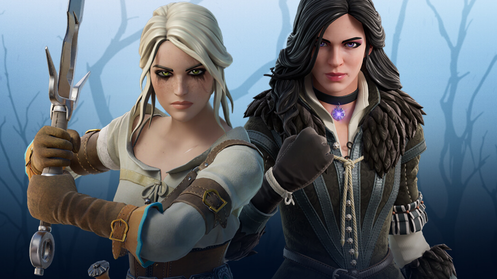 White-haired witcher Ciri wields a sword and black-haired sorceress Yennefer clenches her fist in their Fortnite versions