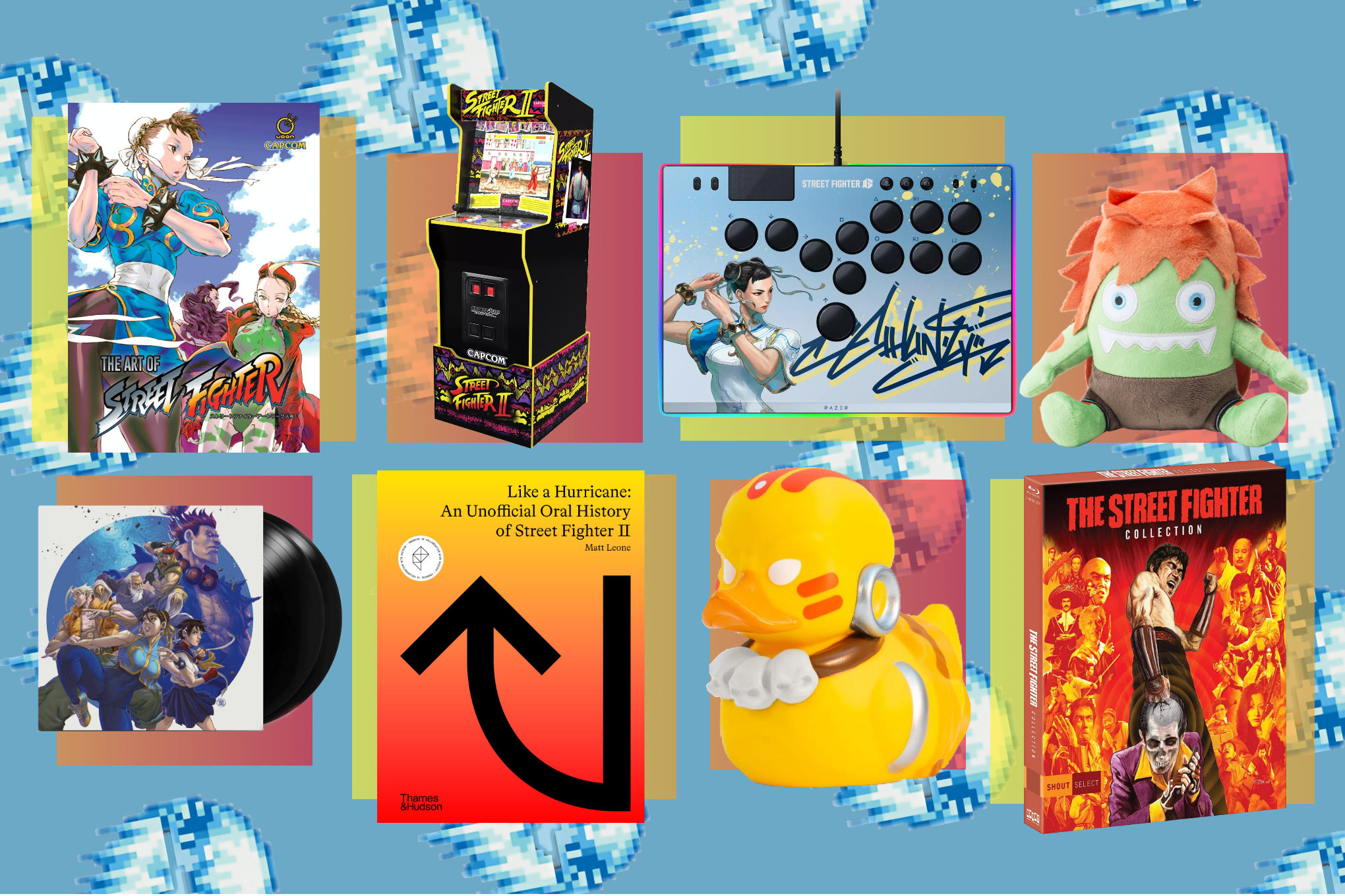 An image collage containing multiple Street Fighter-related gifts, including books, comics, movies, toys, and arcade sticks to celebrate your fandom.