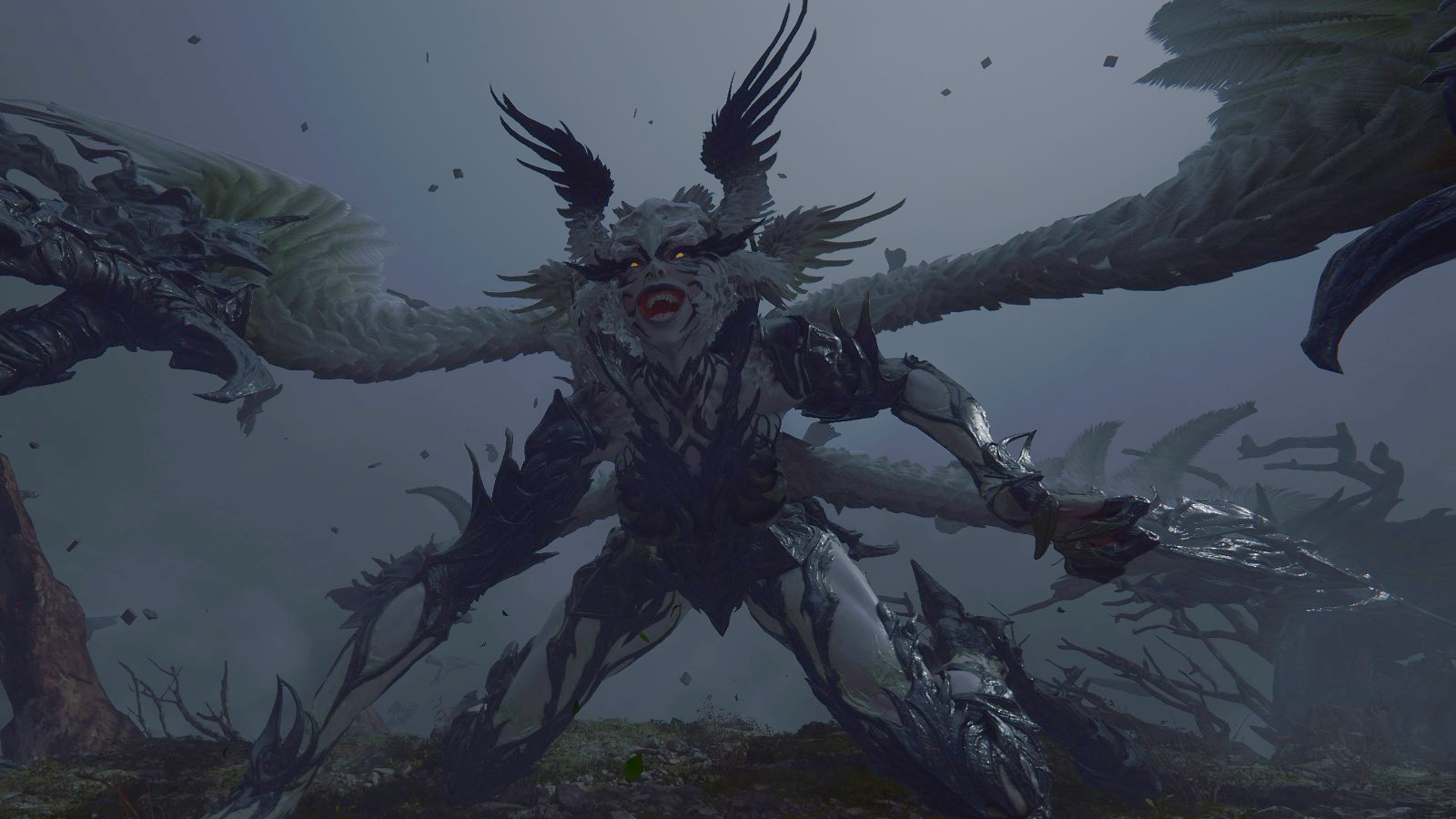 Garuda kneeling on the ground with a sinister smile on her face in Final Fantasy 16 / XVI / FF16.