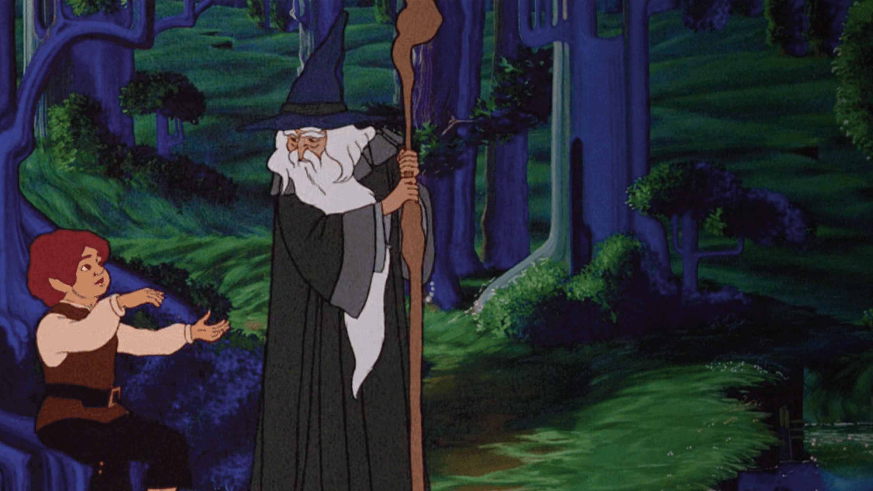 Frodo and Gandalf talk in a green wood. The trees are blue, and the light is dim. From the 1978 Bakshi production of Lord of the Rings.