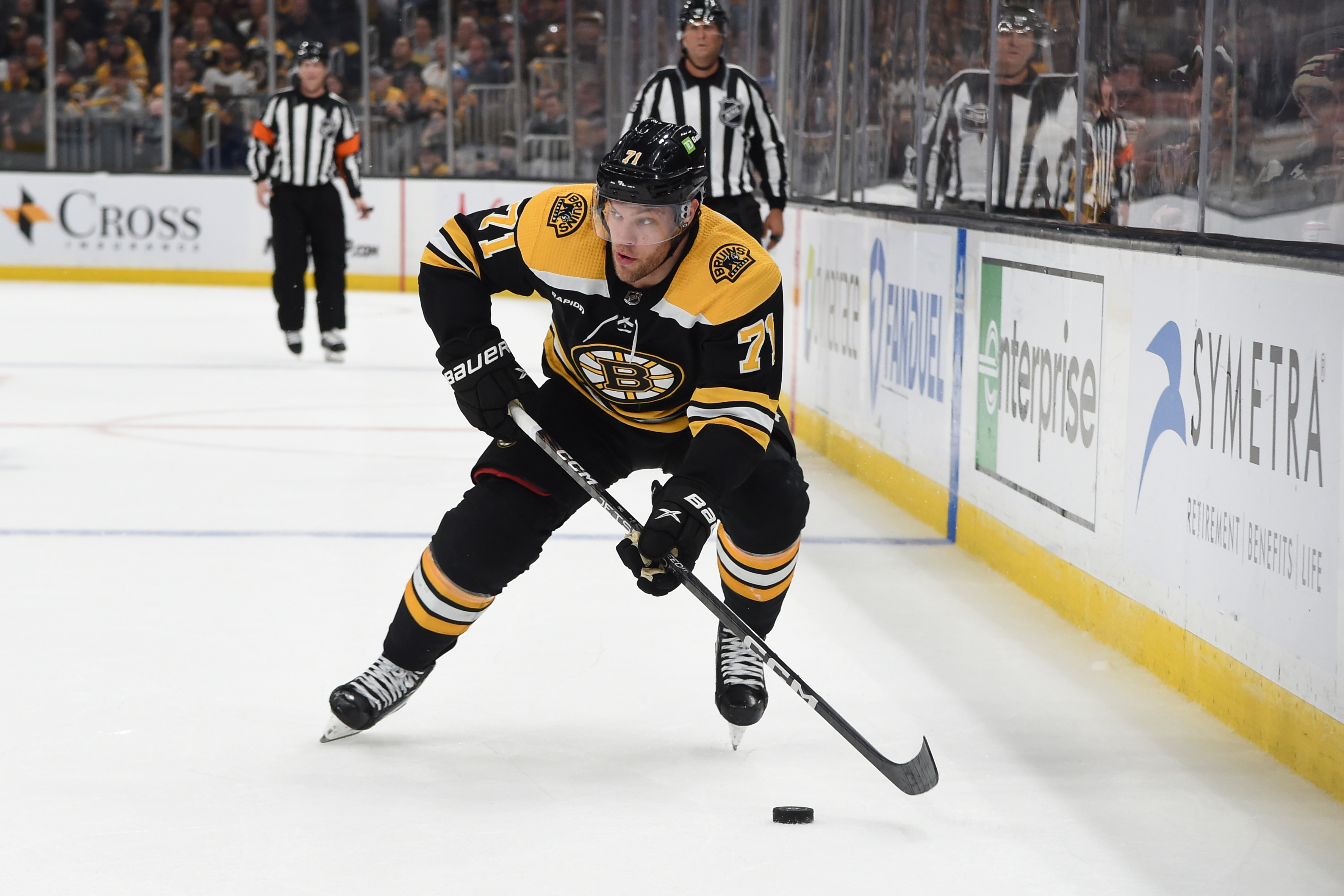 Taylor Hall of the Boston Bruins skates with the puck against the Florida Panthers in Game Seven of the First Round of the 2023 Stanley Cup Playoffs at TD Garden on April 30, 2023, in Boston, Massachusetts.