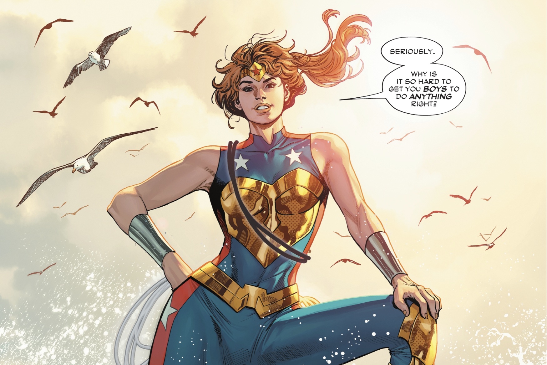 Wonder Woman’s daughter, Elizabeth Marston Prince, stands jauntily on a rock as waves crash around her. “Seriously,” she smirks, in a costume that looks a lot like Wonder Woman’s but with pants and three different lassos, “Why is it so hard to get you boys to do anything right?” in Wonder Woman #800 (2023).