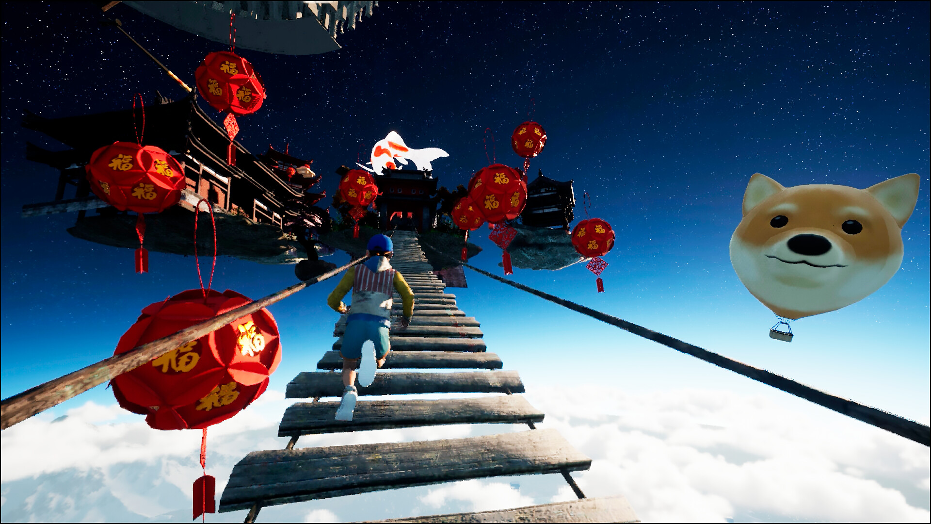 A player climbs towards the sky in Only Up!, running along a rickety bridge surrounded by massive red balloons and balloons in the shape of a Shiba Inu head.