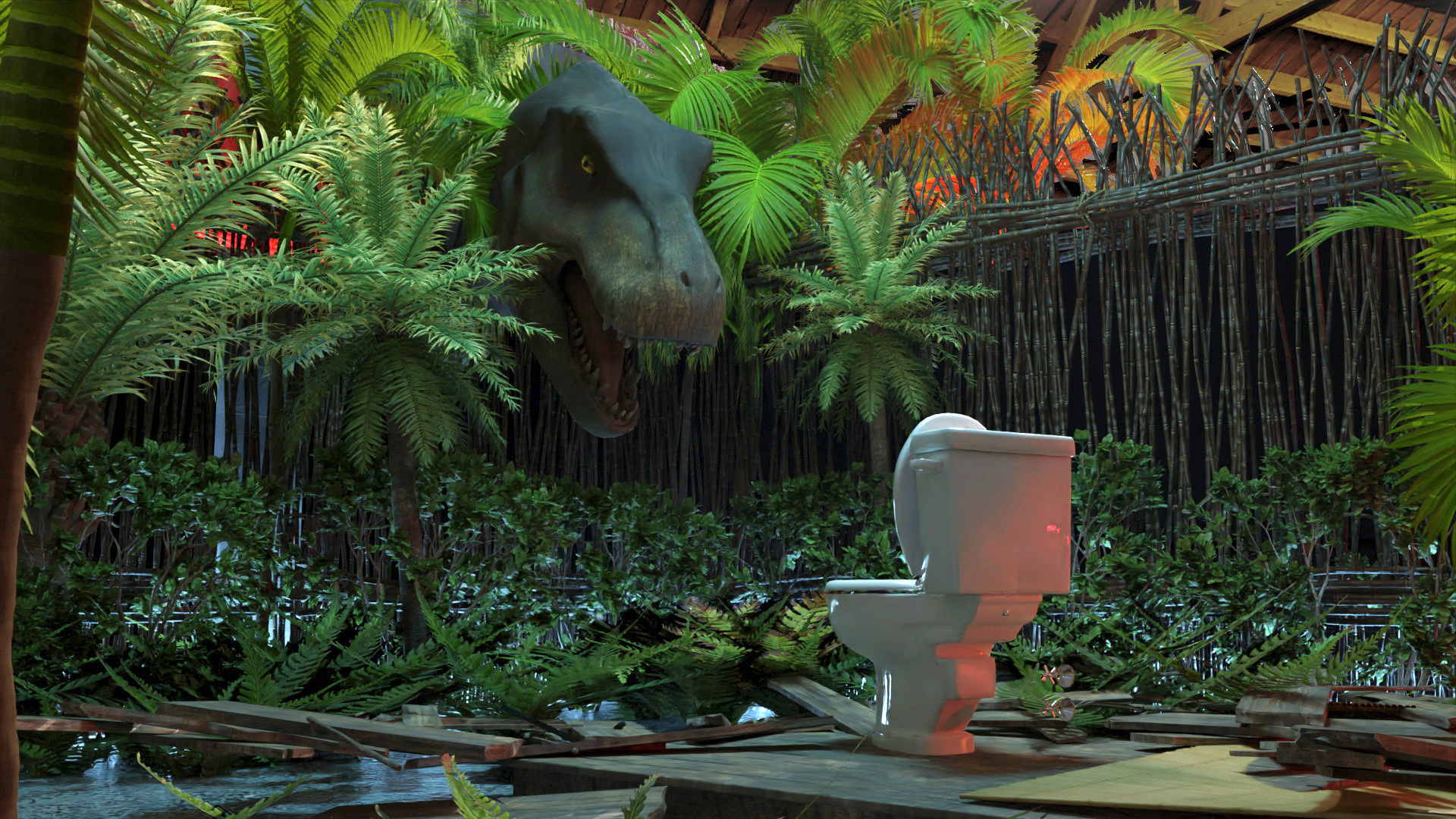 A T-Rex pops out of the trees to find a lone toilet lit by red light