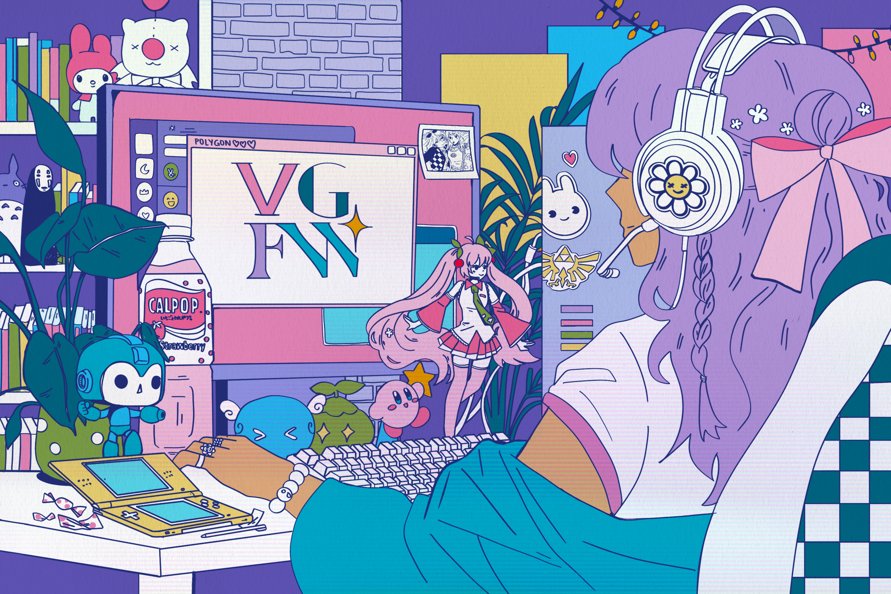 An illustration shows a woman sitting in front of a computer looking at a Video Game Fashion Week logo, while her desk is covered in cute toys.