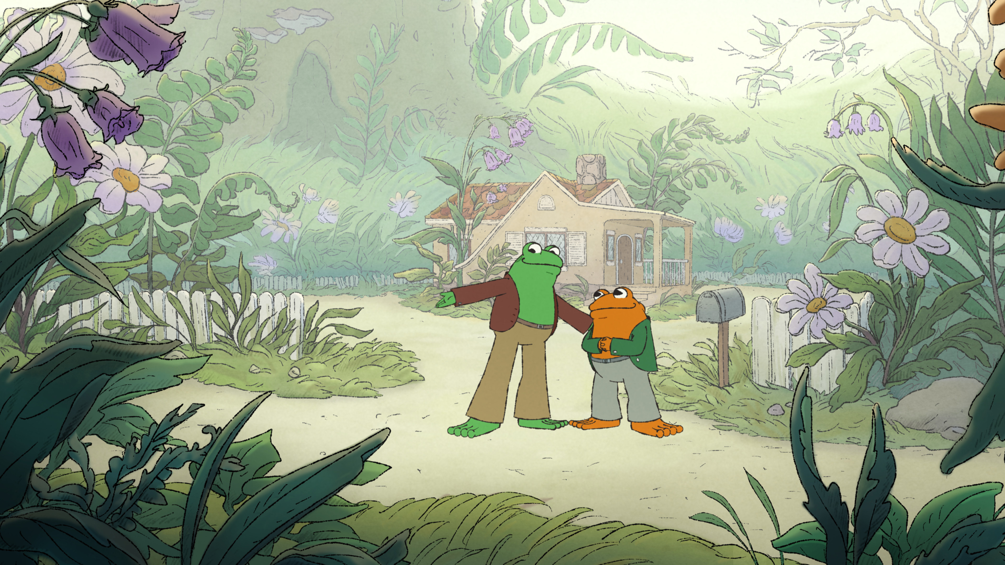An animated frog and toad in human clothes stand in a flowering wood.