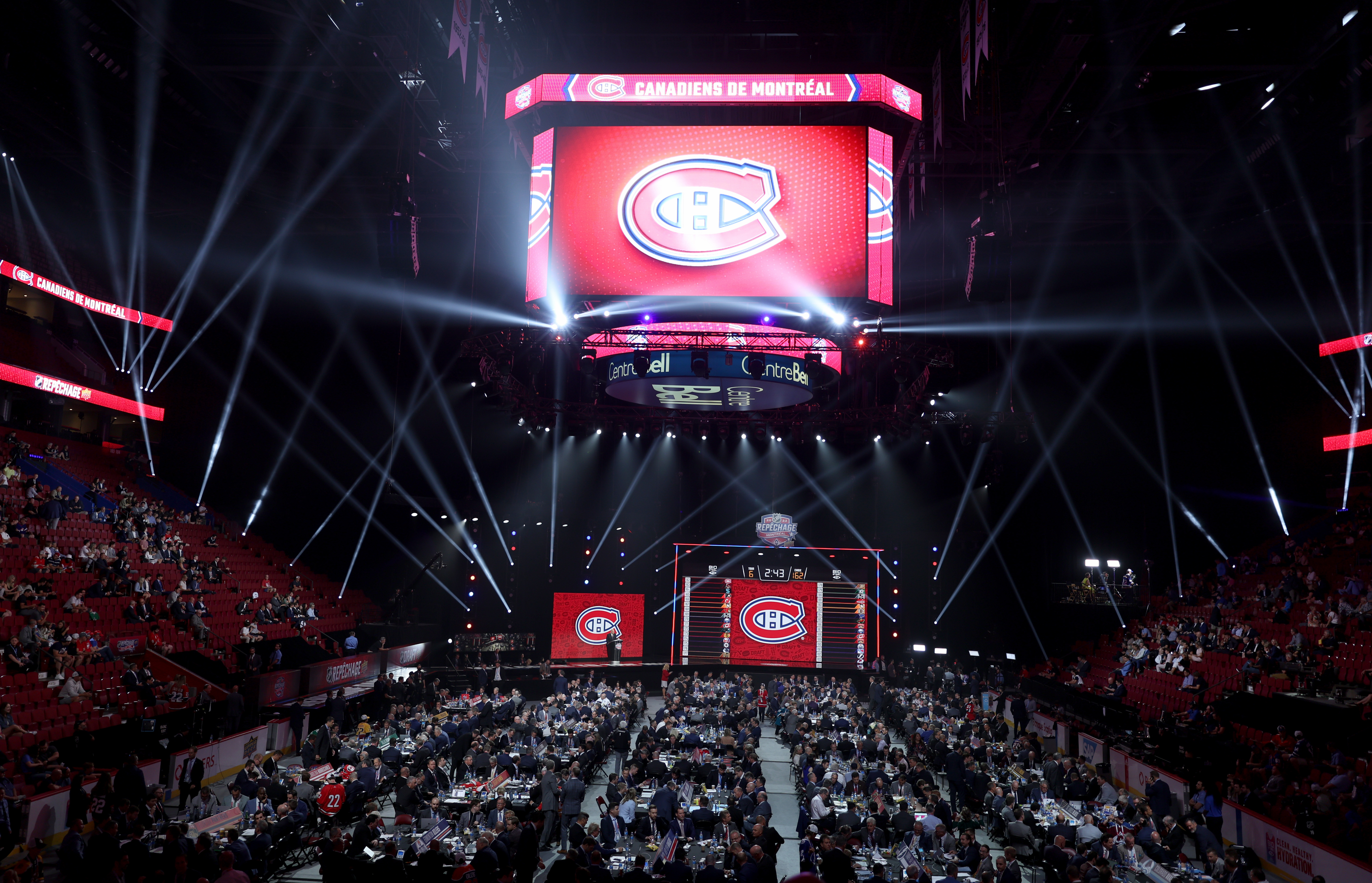 A general view of the draft floor showing the Montreal Canadiens logo during after the 2022 Upper Deck NHL Draft at Bell Centre on July 08, 2022 in Montreal, Quebec.