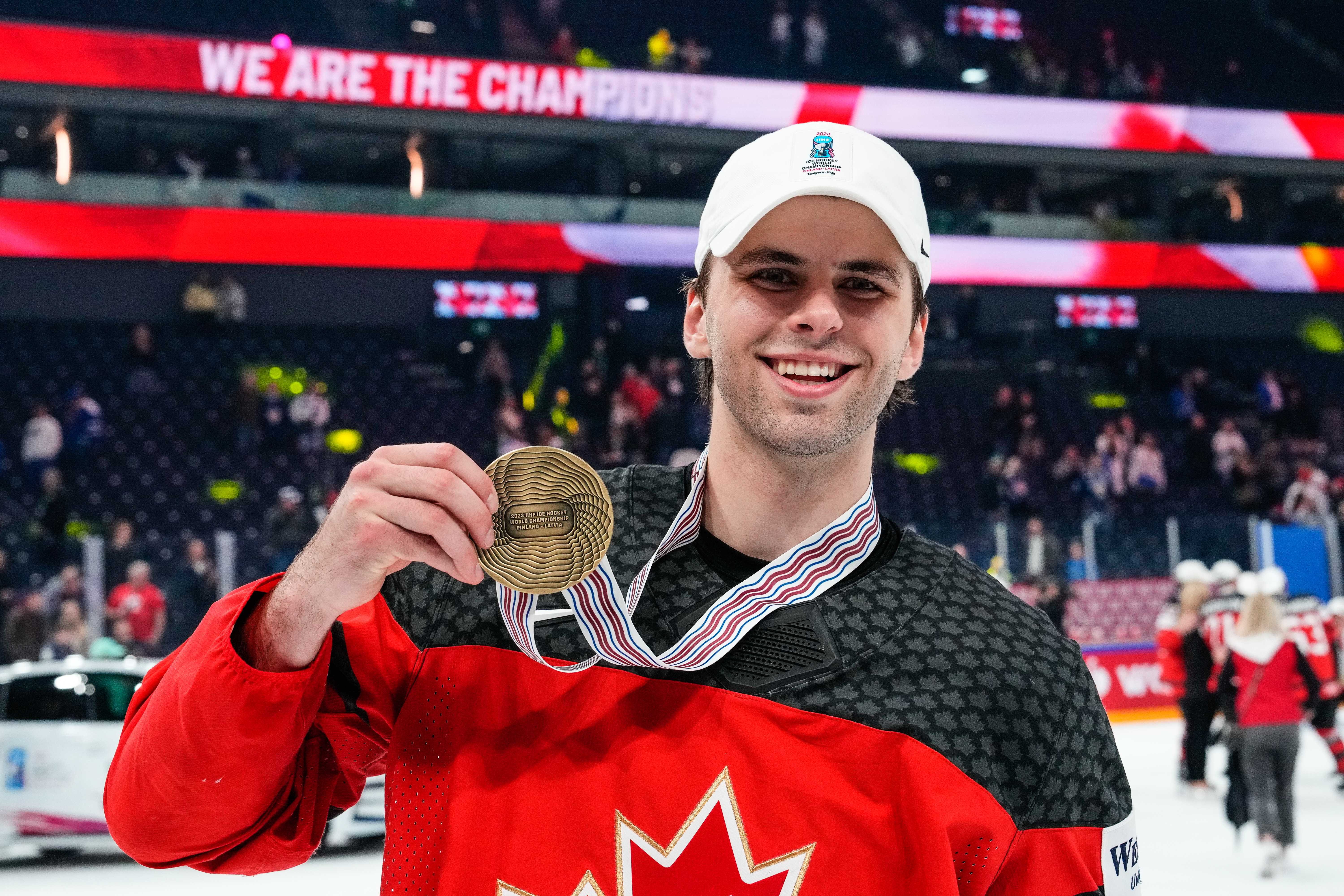 Adam Fantilli of Canada with gold medal during the 2023 IIHF Ice Hockey World Championship Finland - Latvia game between Canada and Germany at Nokia Arena on May 28, 2023 in Tampere, Finland.