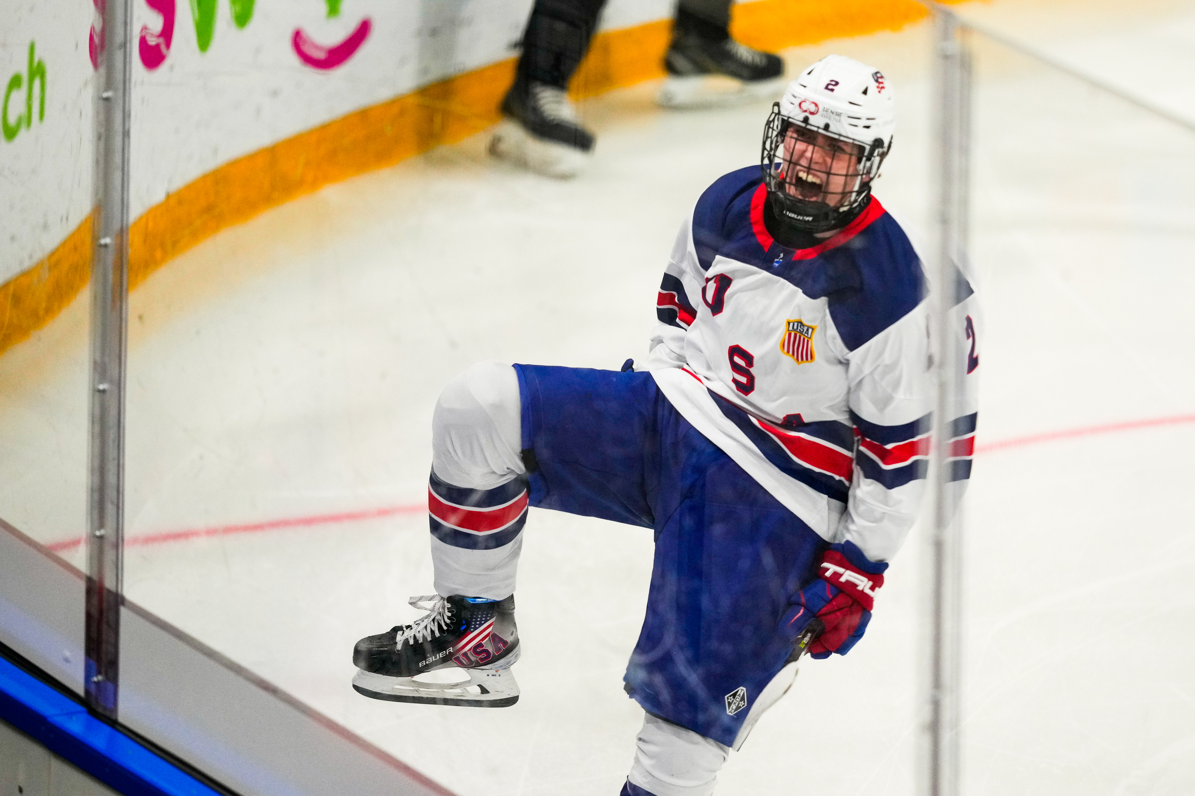Will Smith of United States celebrates his 1-0 during the semi final of U18 Ice Hockey World Championship match between United States and Slovakia at St. Jakob-Park on April 29, 2023 in Basel, Switzerland.