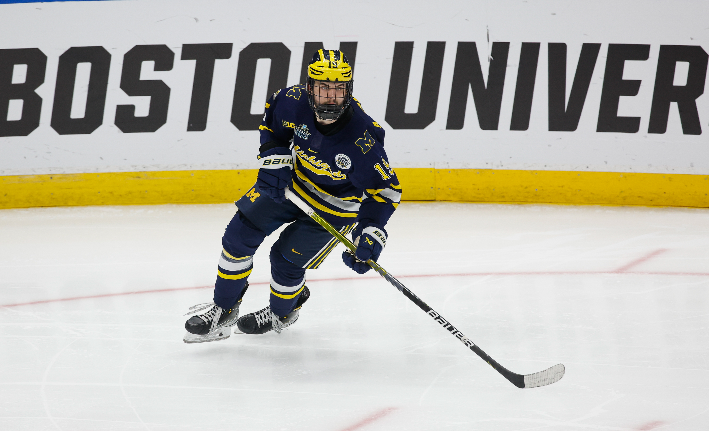 Adam Fantilli of the Michigan Wolverines skates against the Quinnipiac Bobcats during game two of the 2023 NCAA Division I Men’s Hockey Frozen Four Championship Semifinal at the Amaile Arena on April 6, 2023 in Tampa, Florida. The Bobcats won 6-2.