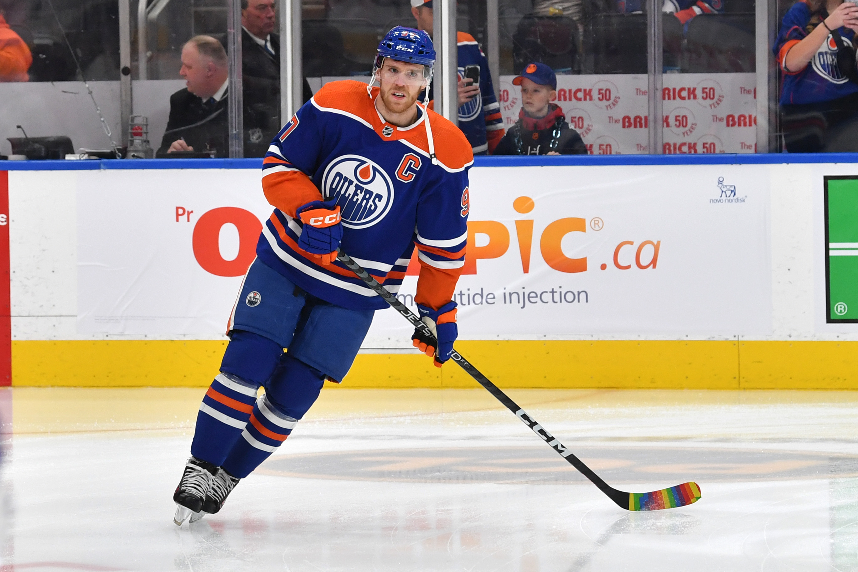 Connor McDavid of the Edmonton Oilers skates with Pride tape during warm ups before the game against the Vegas Golden Knights on March 25, 2023, at Rogers Place in Edmonton, Canada.
