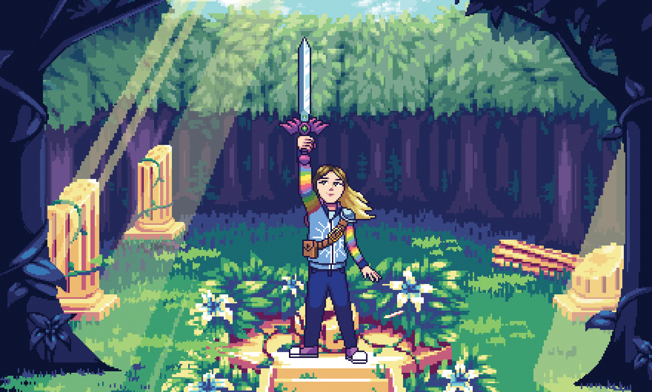 A blonde girl in a hoodie with rainbow-striped arms holds a sword aloft in a wooded, sunlit glen in a 16-bit-style promotional image for the Legend of Zelda documentary film Break the Game