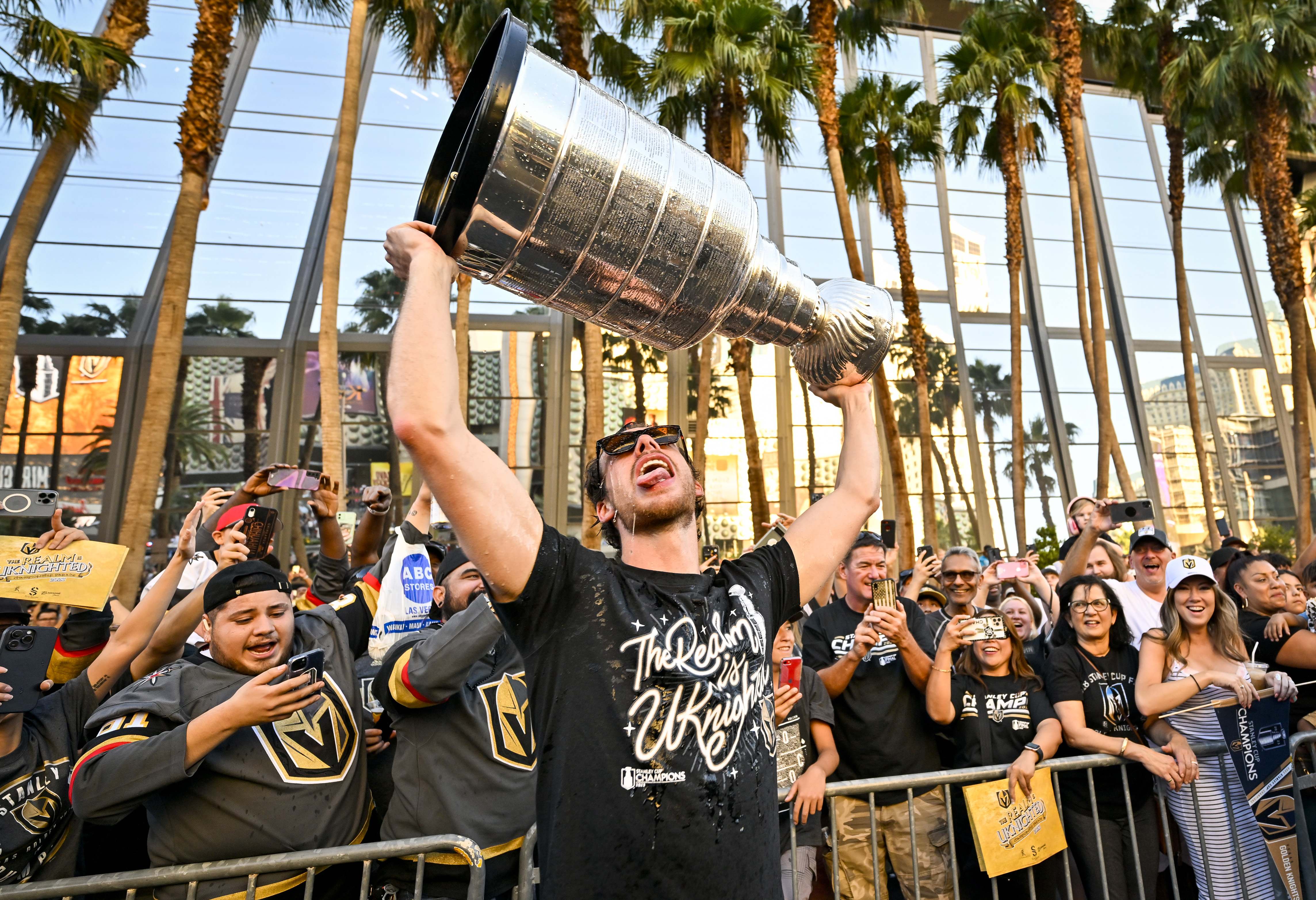 Reilly Smith #19 of the Vegas Golden Knights celebrates with the Stanley Cup during a victory parade and rally on the Las Vegas Strip on June 17, 2023 in Las Vegas, Nevada.