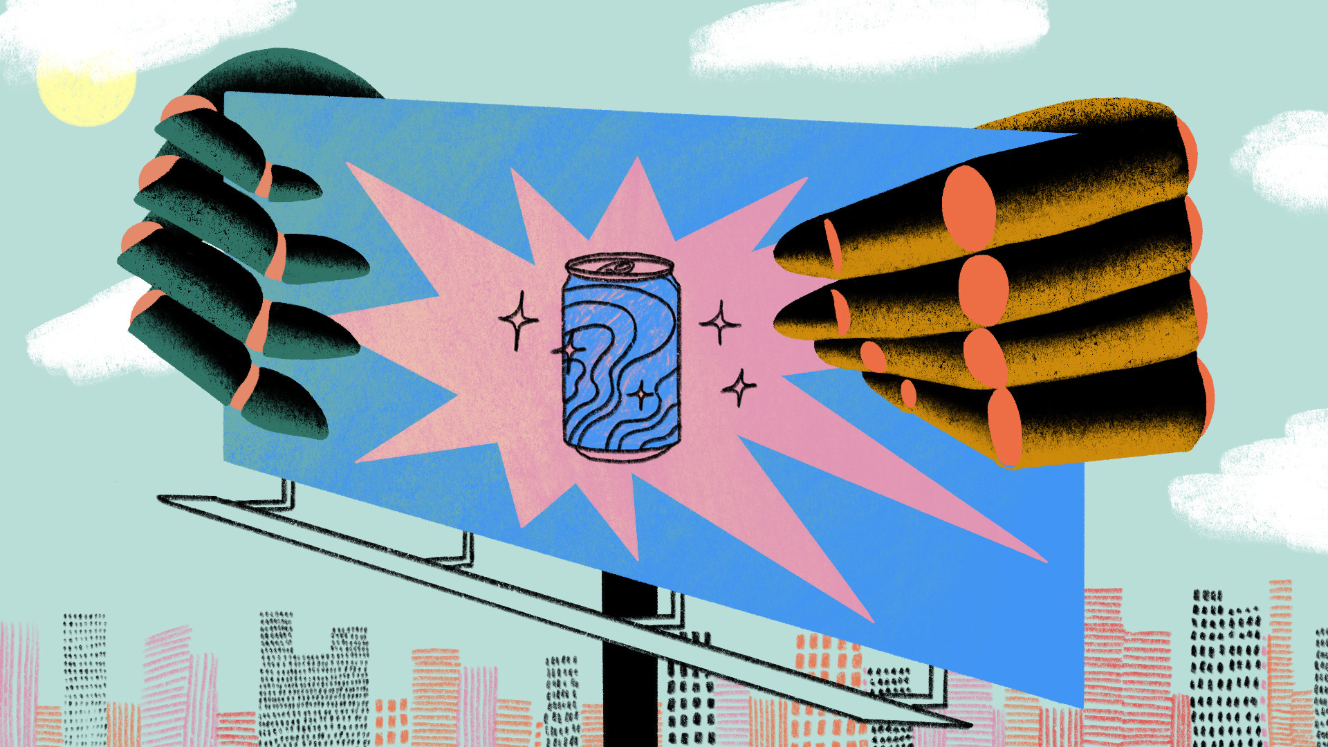 Illustration of a billboard featuring a soda can but the billboard is being gripped by large robot hands.
