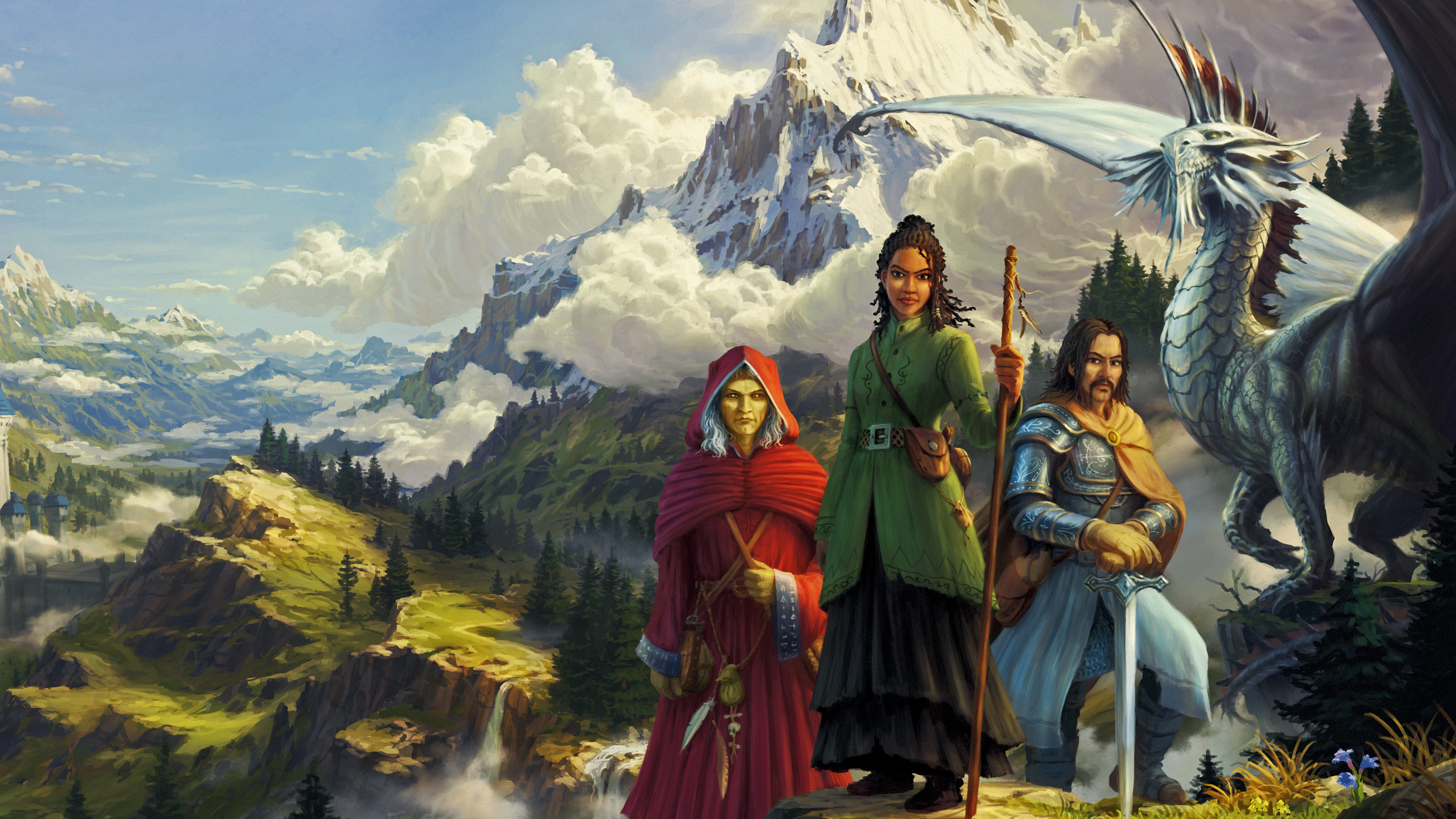 Destina, a young Black woman from Solamnia, wield’s a kender’s staff. She is flanked by Raistlin in red robes and Sturm wearing plate armor of Solamnia. Behind them is a silver dragon with wings outstretched. Mountains rise on the horizon.