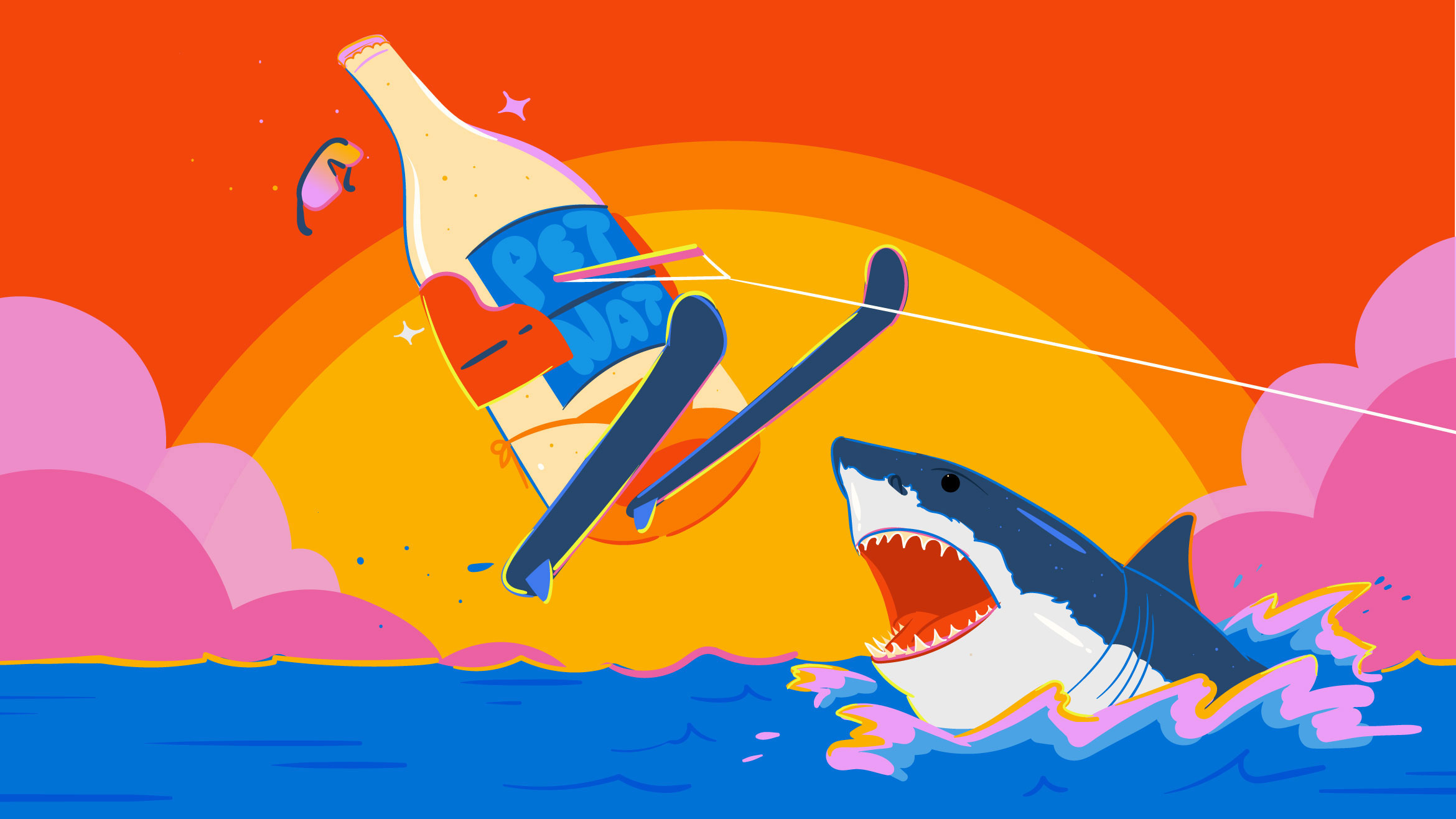An illustrated depiction of a bottle of pet-nat on water skis jumping over a shark