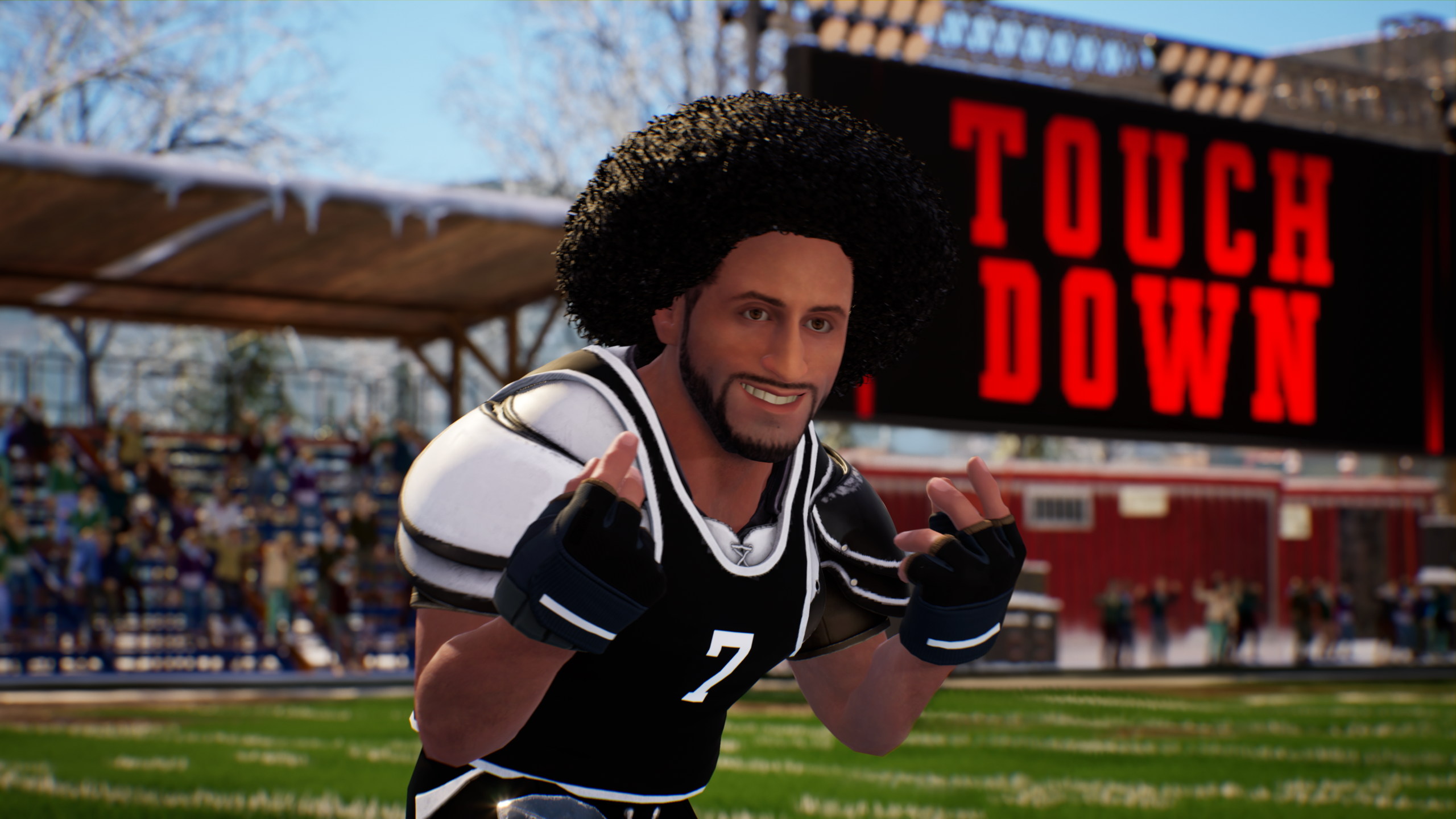 Colin Kaepernick as he appears in Wild Card Football, with his helmet removed and his signature hair puffed out. He’s grinning and gesturing to the sideline.