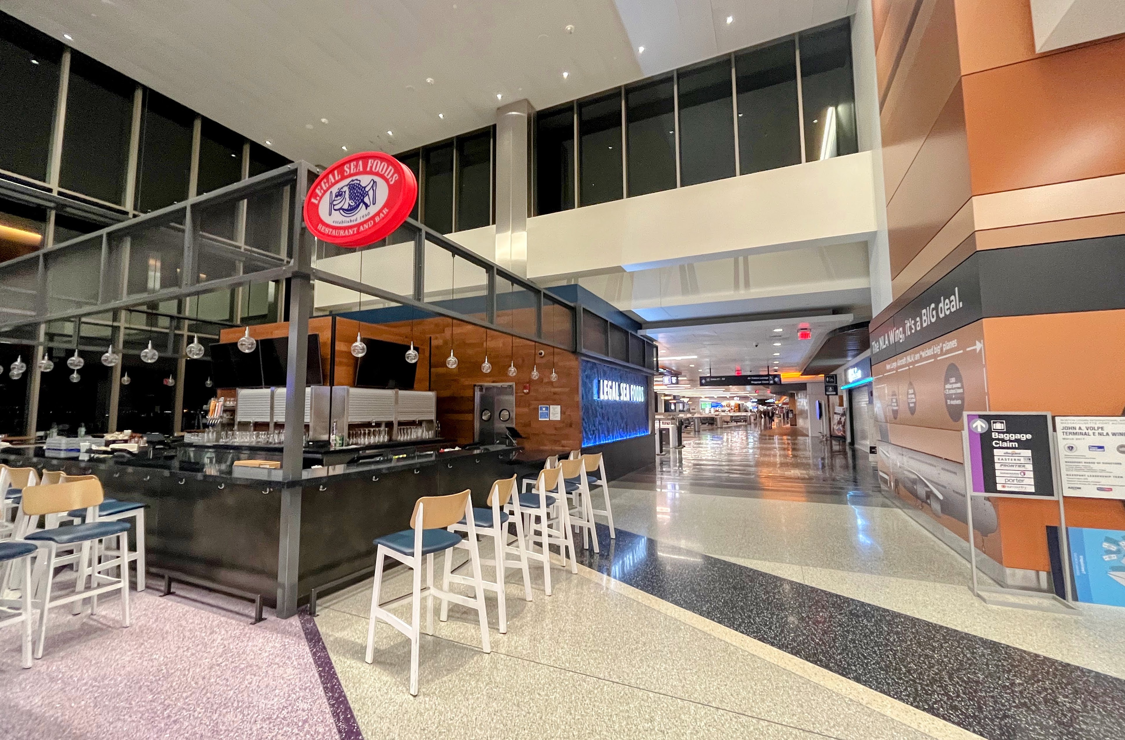 A Legal Sea Foods bar located in Terminal E that hasn’t yet opened for the day.
