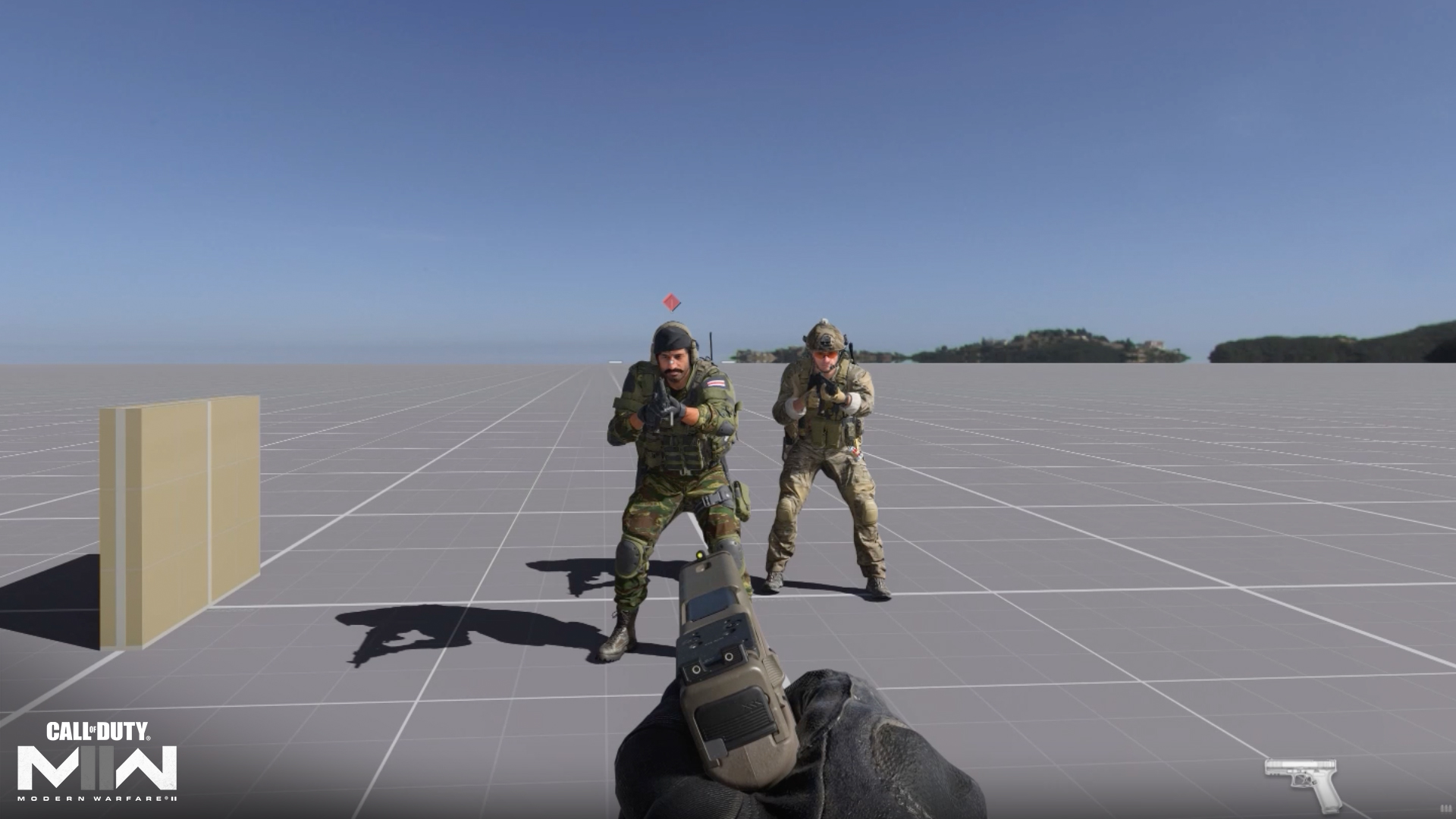 Two soldiers appear on a wireframe map in front of the player’s gun in a Call of Duty anti-cheat demonstration