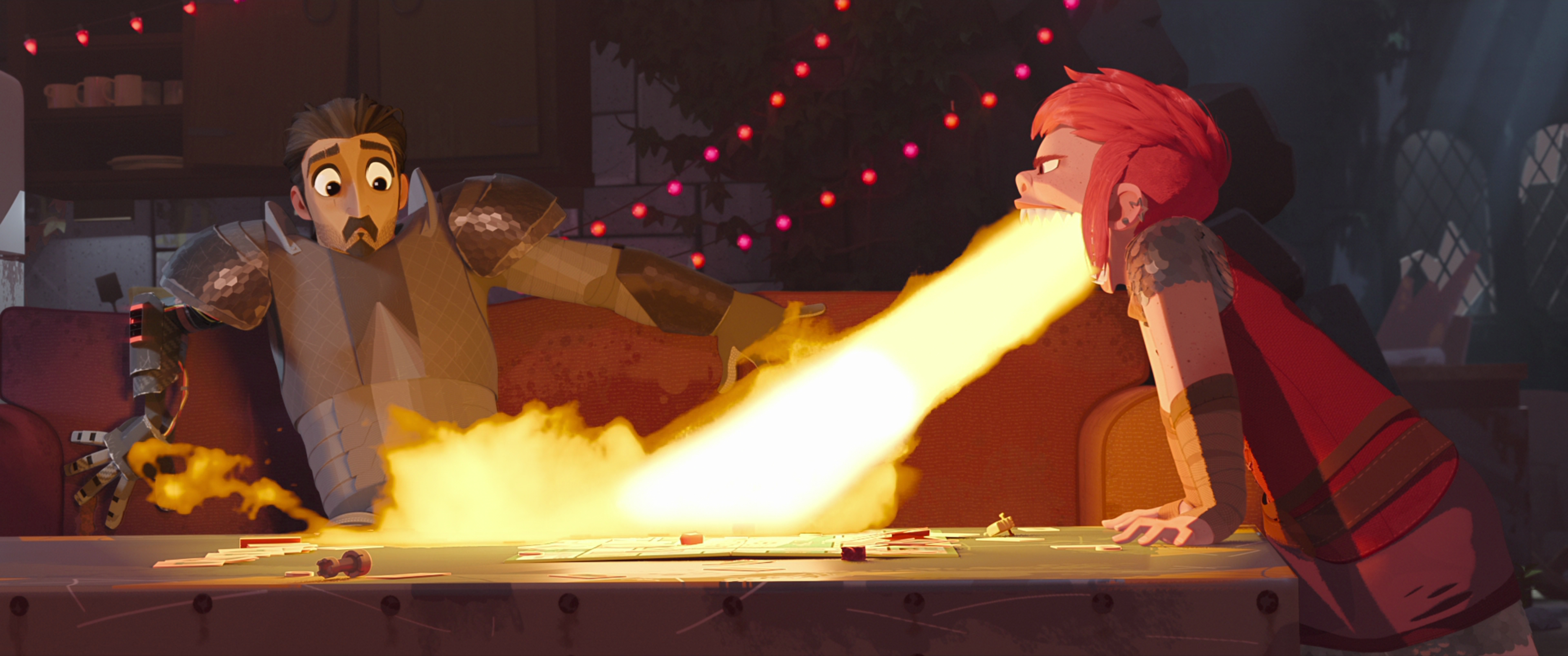 Ballister Boldheart, a dark-haired, goateed man, recoils as Nimona, a red-haired girl, opens her mouth freakishly wide and spits a giant blast of fire all over the table between them in Netflix’s animated movie Nimona