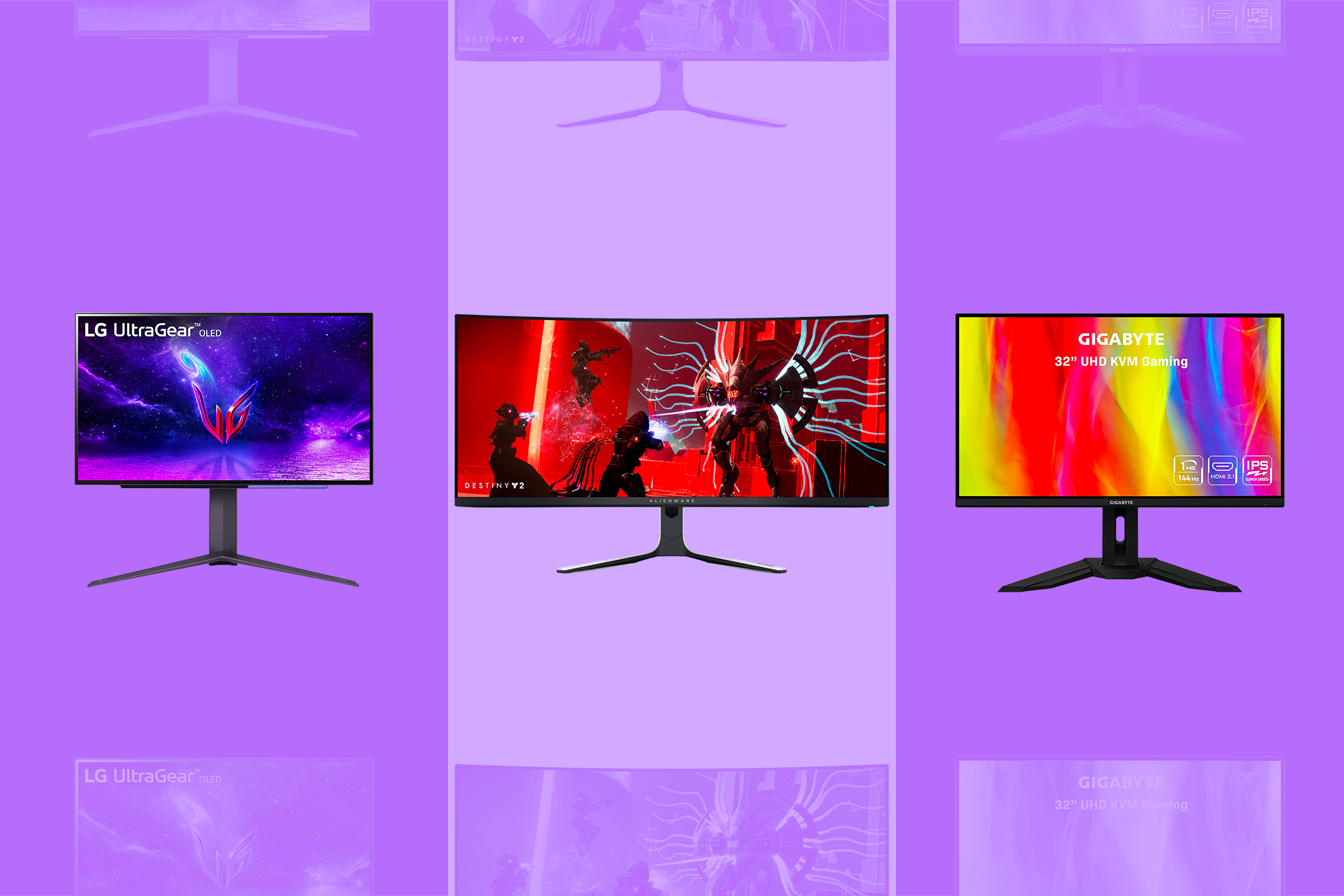 A graphic containing three gaming monitors arranged side to side, including the LG 27-inch UltraGear OLED, the Alienware AW3423DW curved 34-inch gaming monitor, and the Gigabyte M32U gaming monitor