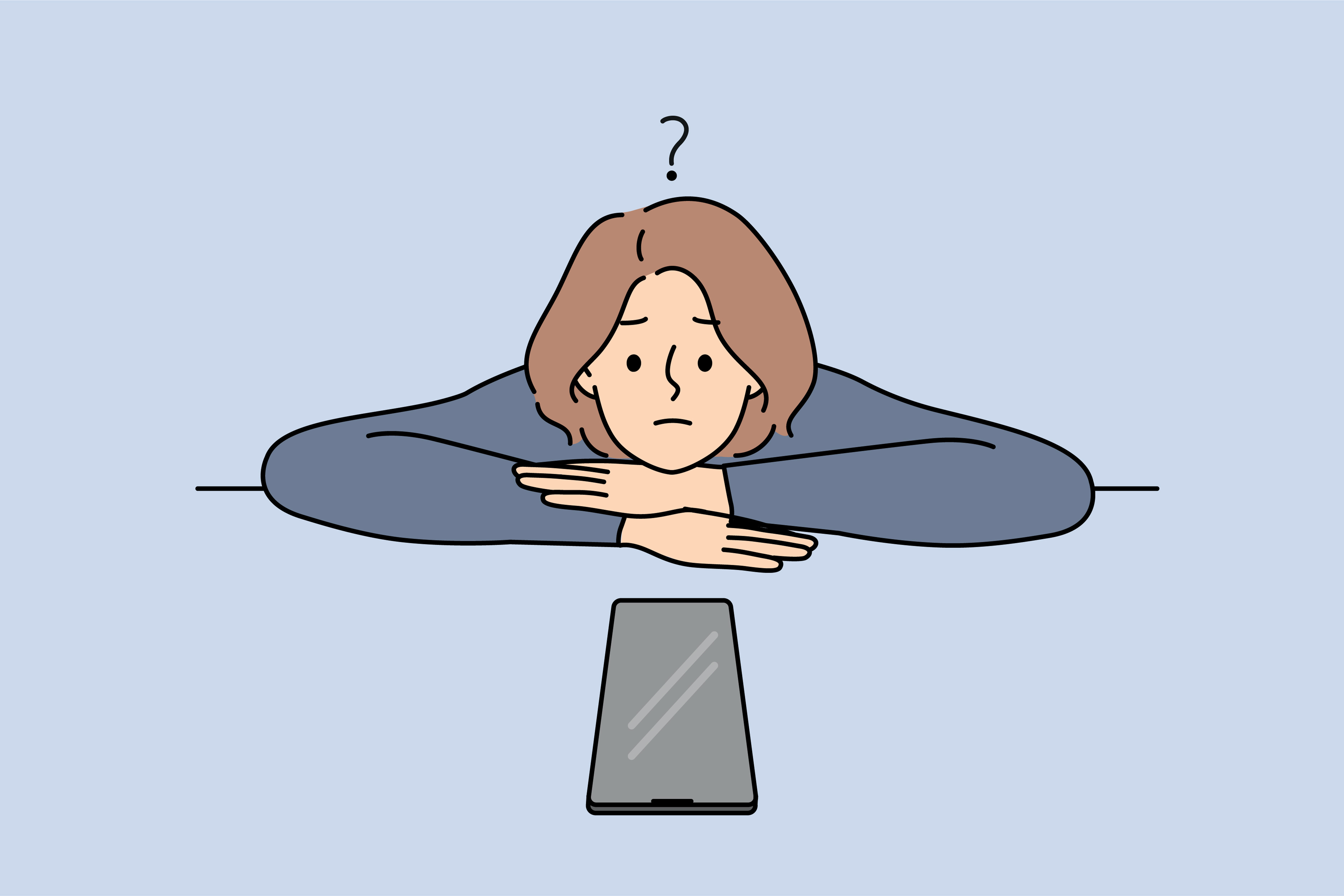 An illustration of a young woman with her head on her creased arms looking at a blank phone lying on the table in front of her. There is a question mark over her head.