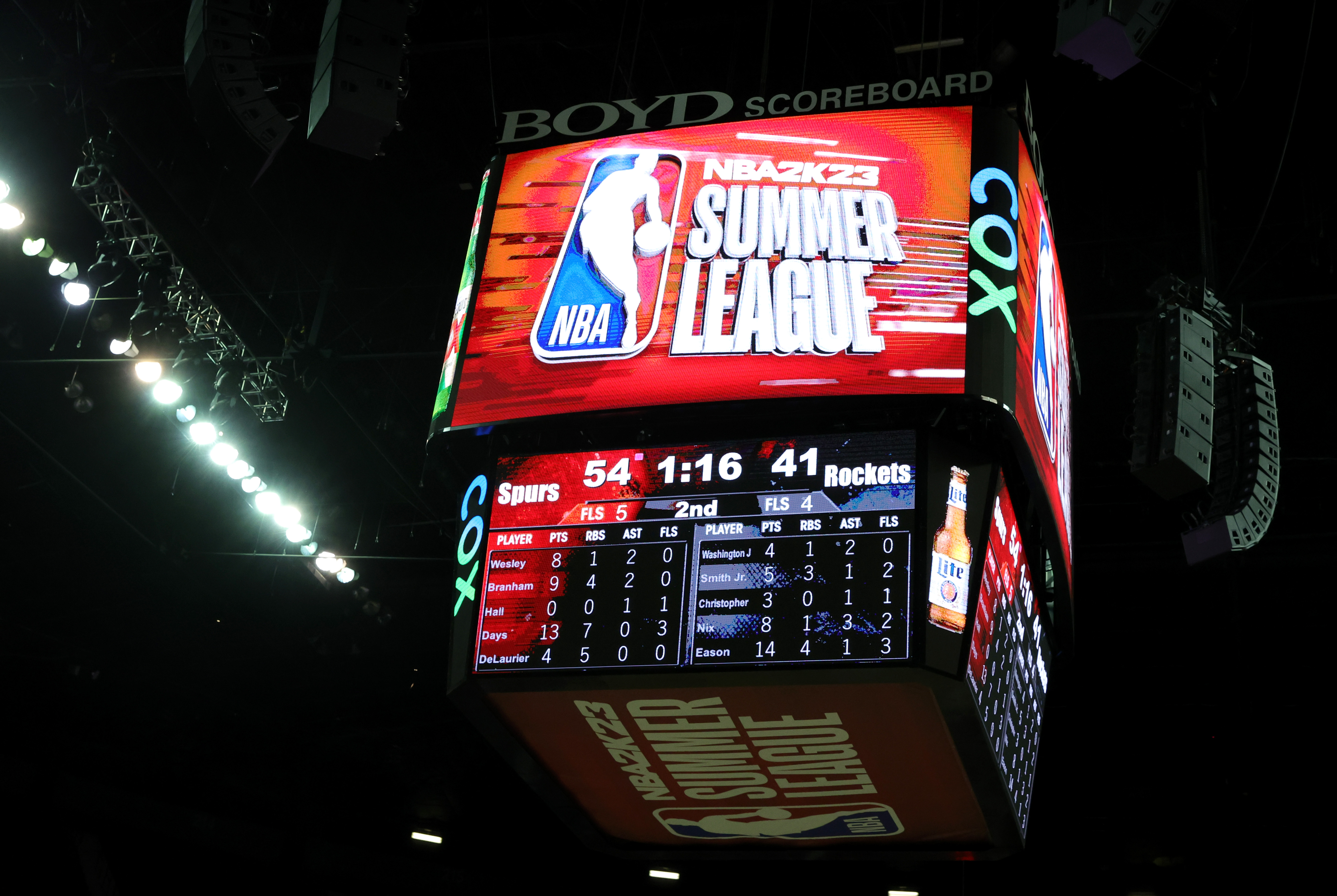 LAS VEGAS, NEVADA - JULY 11: A scoreboard shows an NBA Summer League logo during a game between the San Antonio Spurs and the Houston Rockets during the 2022 NBA Summer League at the Thomas &amp; Mack Center on July 11, 2022 in Las Vegas, Nevada.