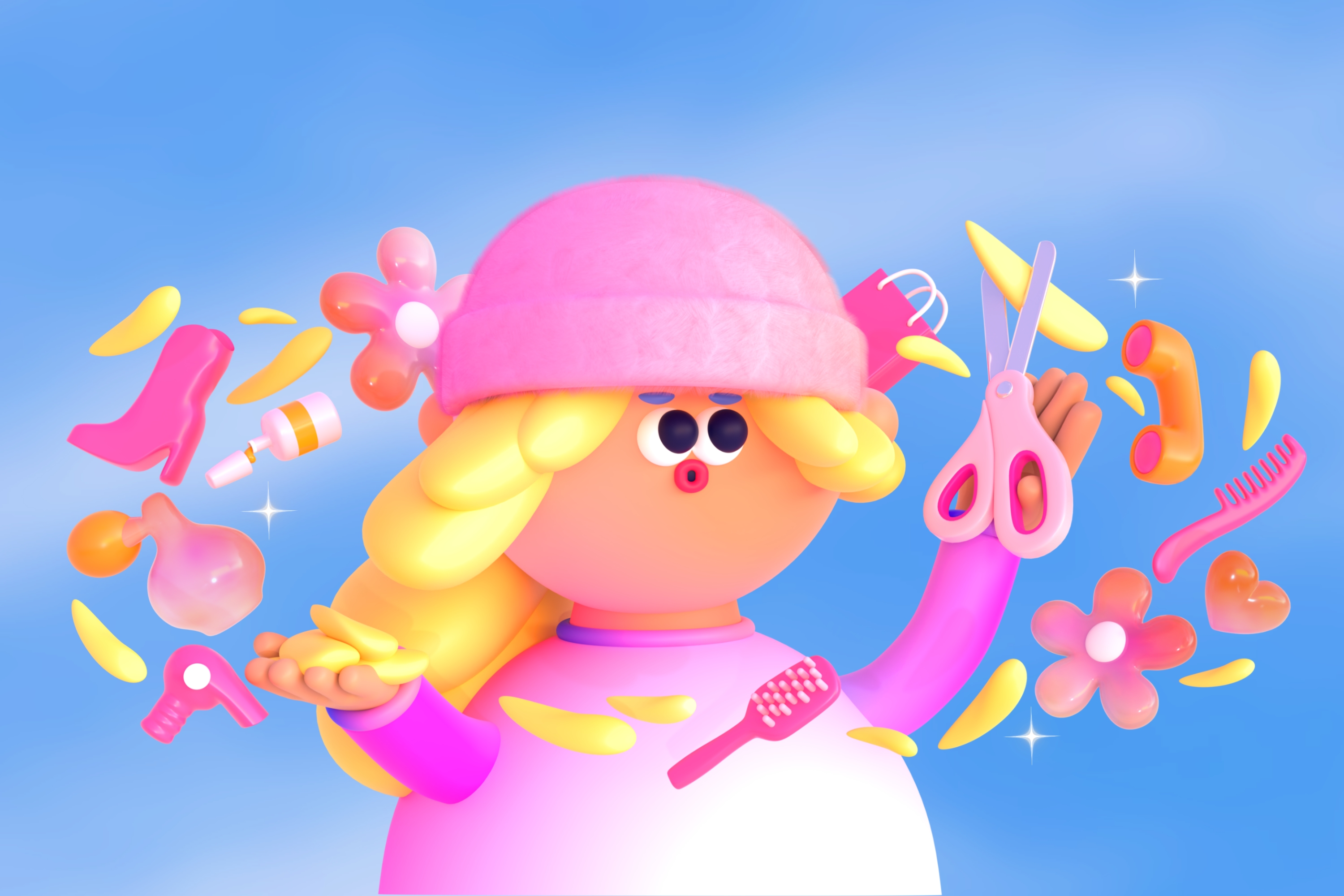 A 3D illustration of a person with blonde hair cuts a little piece. The person is surrounded by Barbie accessories.