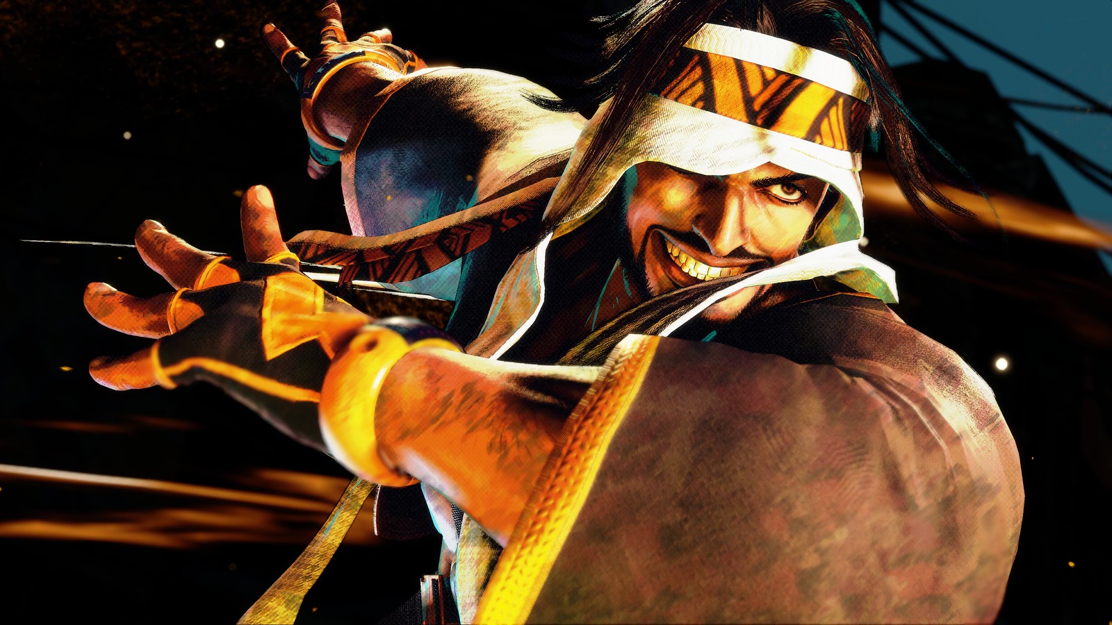Close-up of the Street Fighter character Rashid, dressed in a robe and keffiyeh, as he appears in Street Fighter 6.