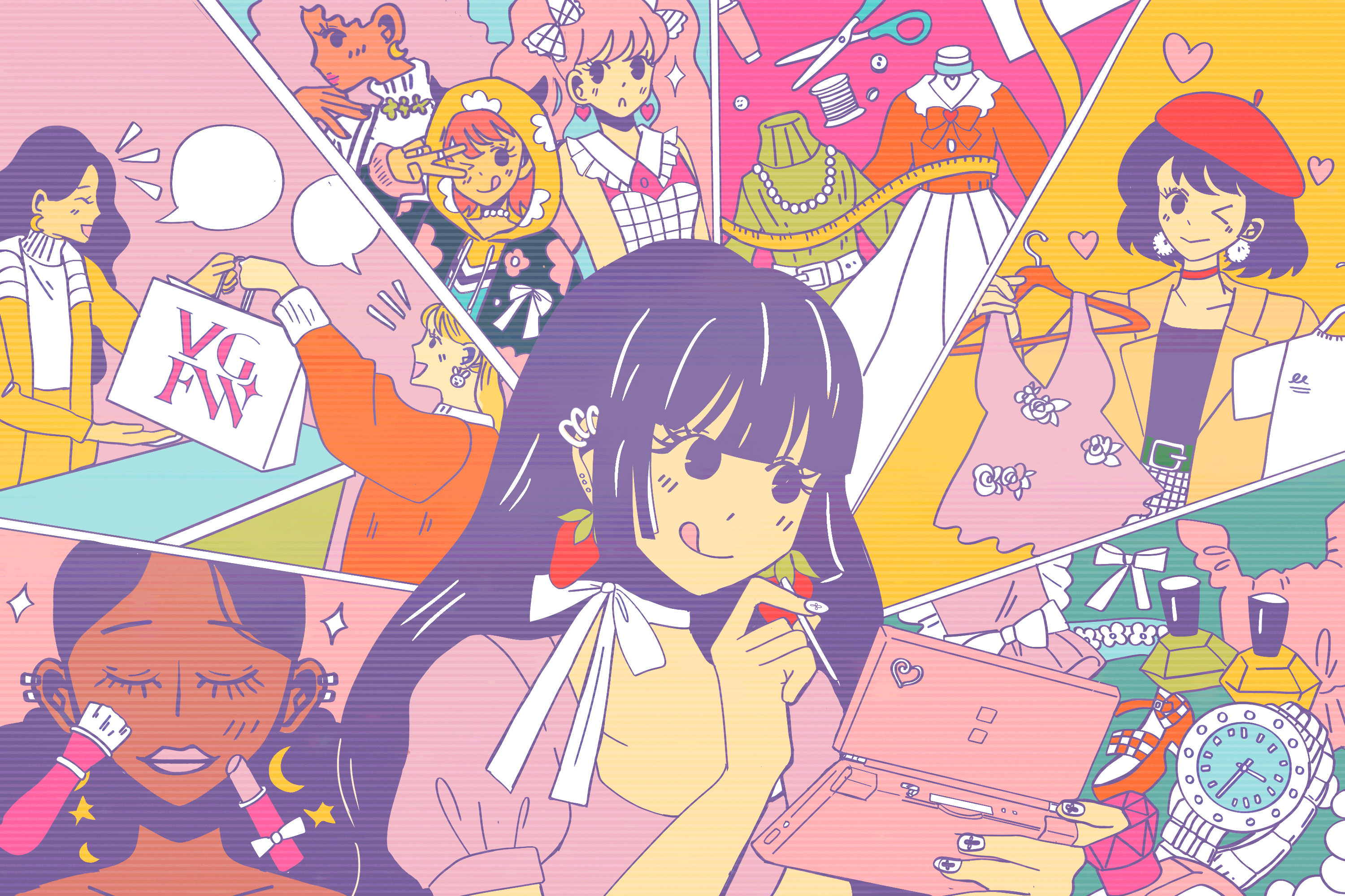 An illustration shows a woman playing Style Savvy while scenes from the game play out in the background