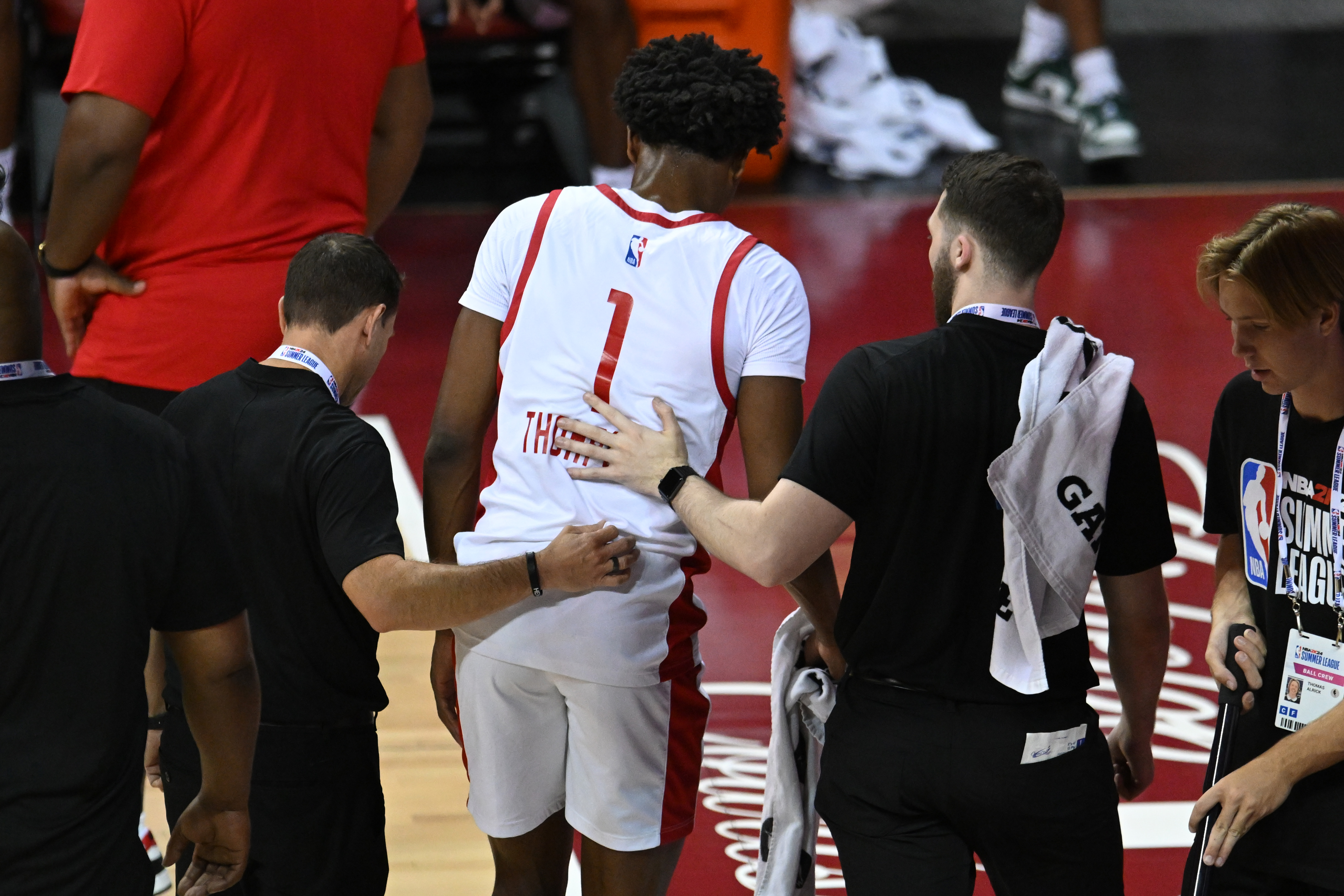 Amen Thompson #1 of the Houston Rockets leaves the court after being injured during the fourth quarter against the Portland Trail Blazers at the Thomas &amp; Mack Center on July 07, 2023 in Las Vegas, Nevada.