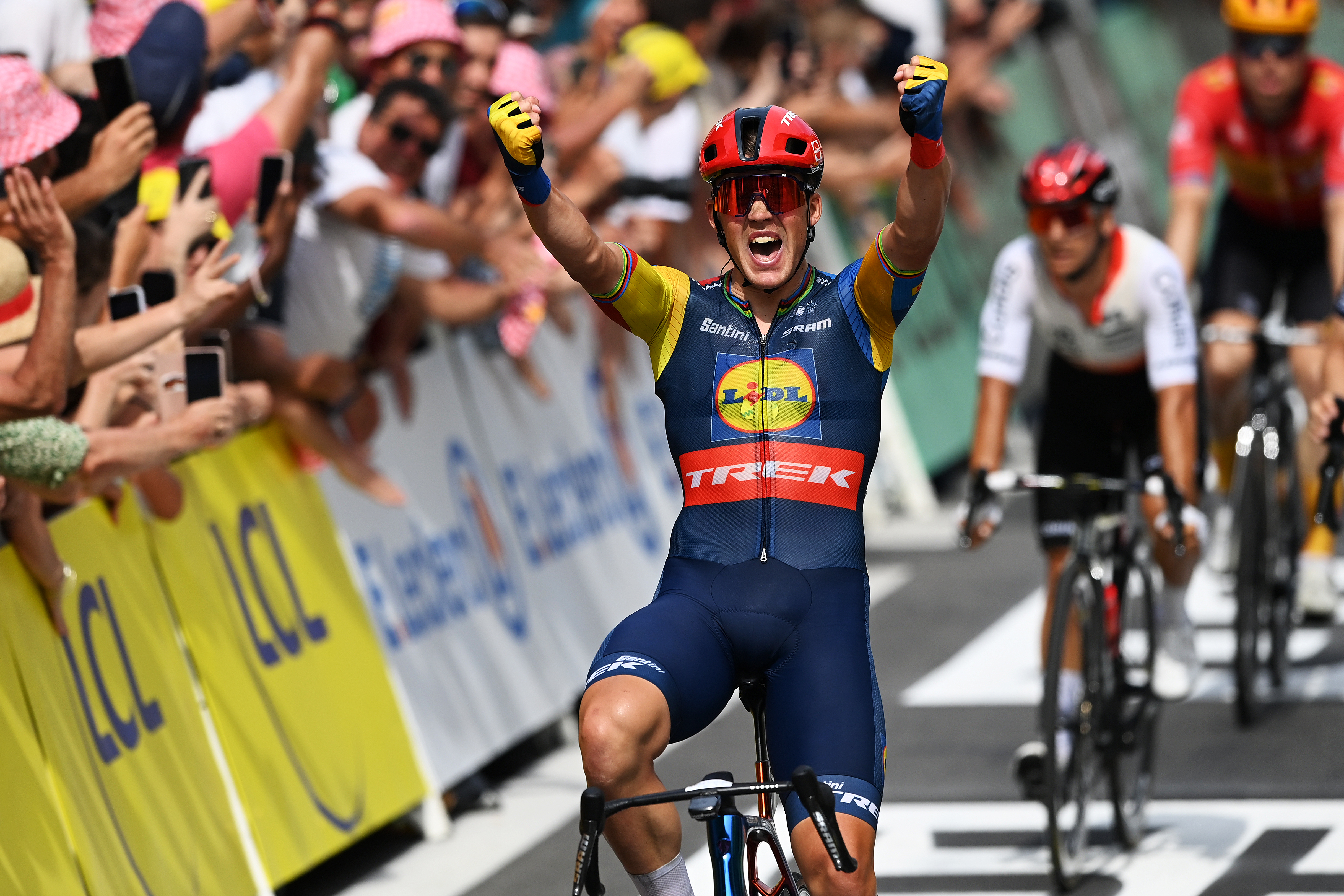 Mads Pedersen of Denmark and Team Lidl-Trek celebrates at finish line as stage winner during the stage eight of the 110th Tour de France 2023 a 200.7km stage from Libourne to Limoges / #UCIWT / on July 08, 2023 in Limoges, France.