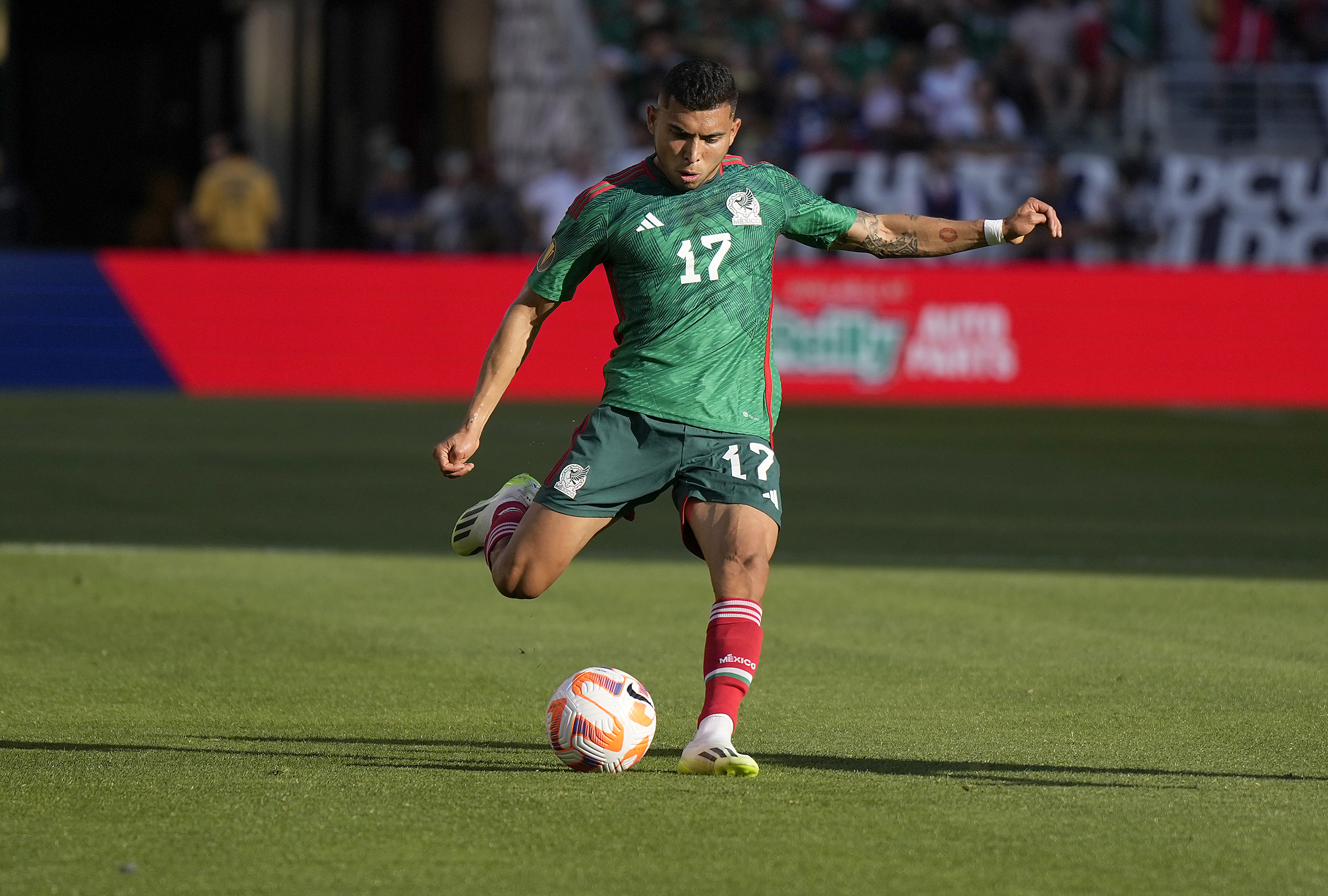 Orbelín Pineda of Mexico shoots on goal against Qatar in the first half during the Group B match of 2023 Concacaf Gold Cup at Levi’s Stadium on July 02, 2023 in Santa Clara, California.