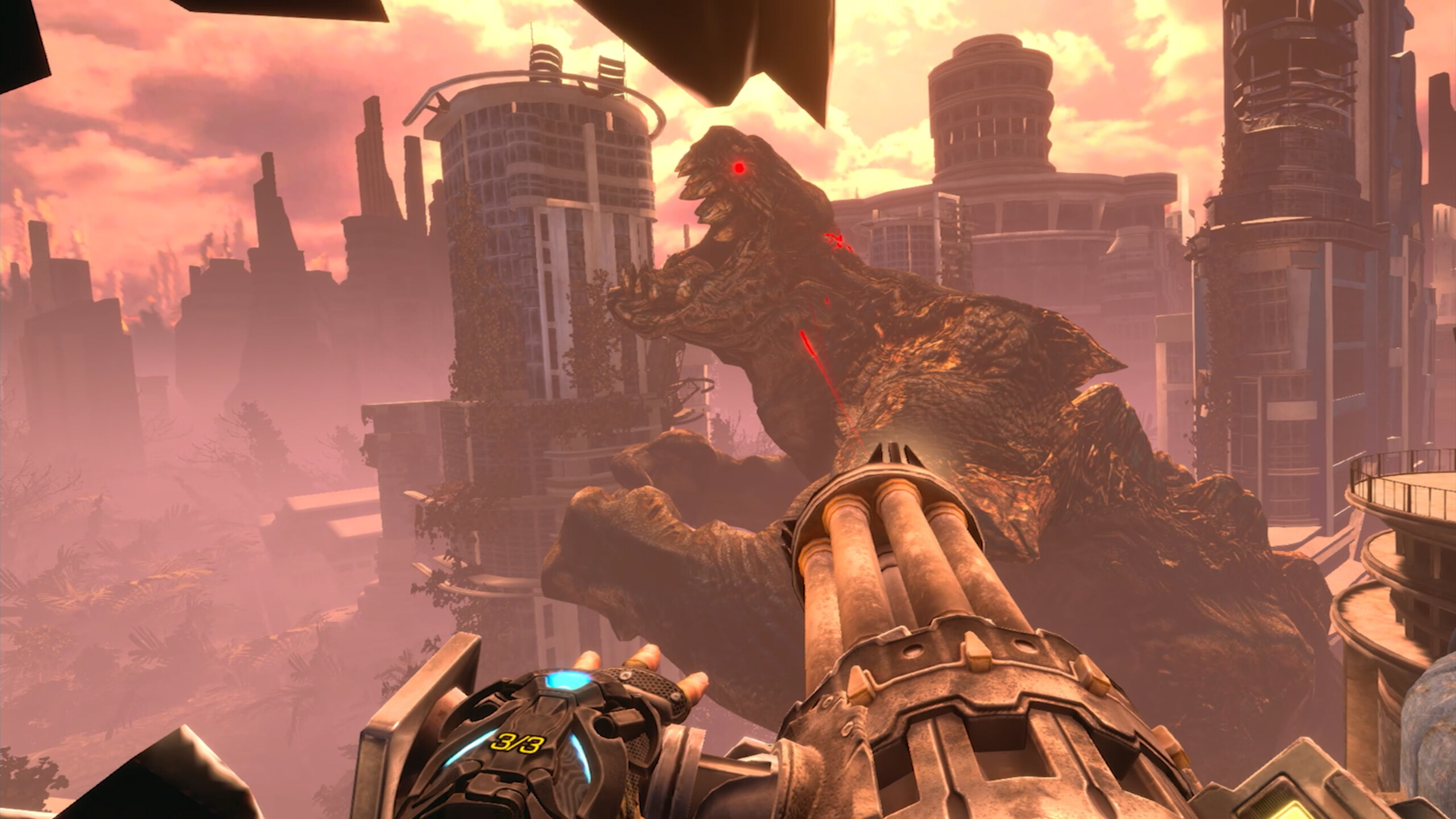 A scene from Bulletstorm VR. A huge dinosaur-like creature bursts through the planet’s surface in front of the player, who is brandishing a multi-rail gatling gun