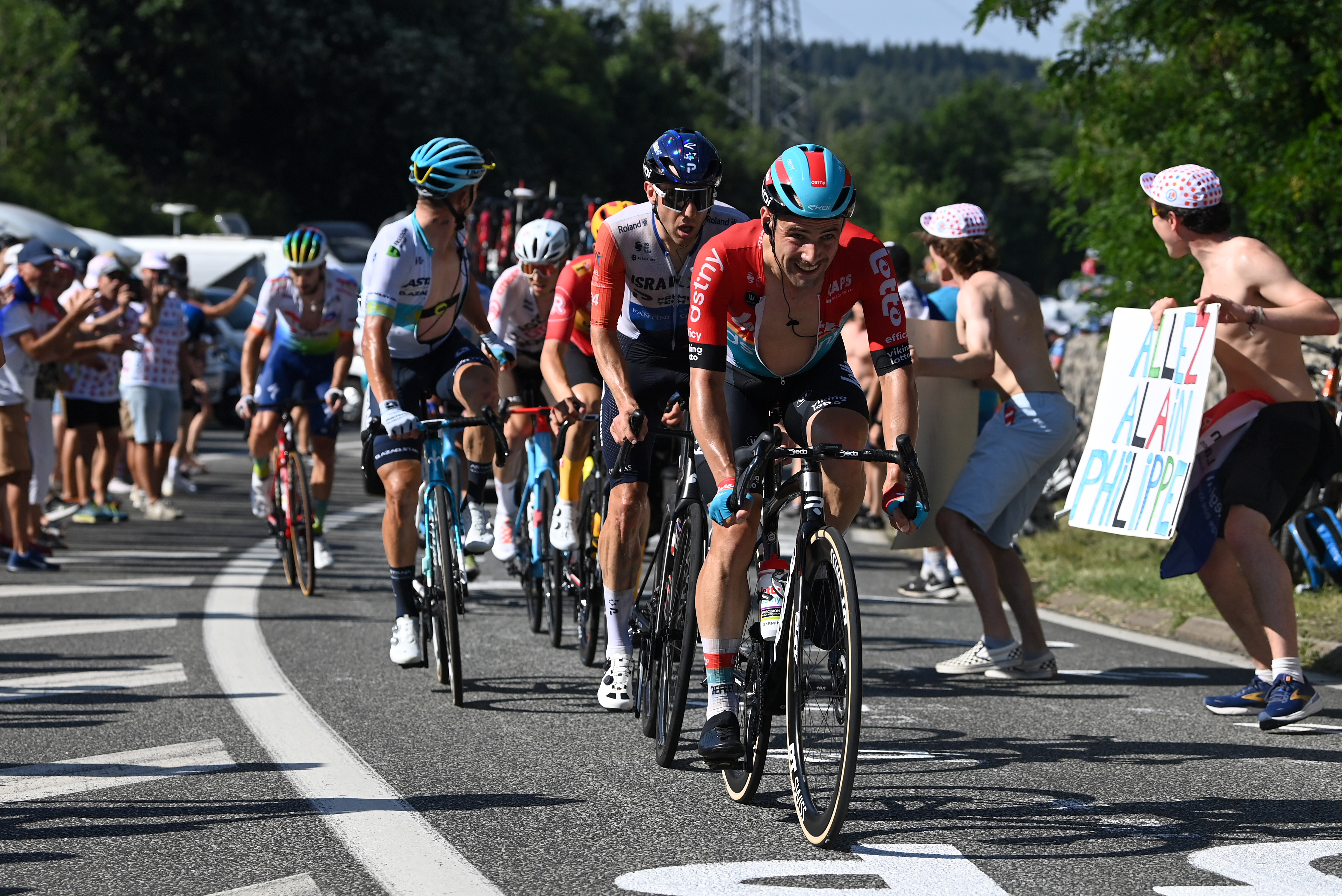 (L-R) Michael Woods of Canada and Team Israel-Premier Tech and Victor Campenaerts of Belgium and Team Lotto Dstny compete in the breakaway during the stage nine of the 110th Tour de France 2023 a 182.4km stage from Saint-Léonard-de-Noblat to Puy de Dôme 1412m / #UCIWT / on July 09, 2023 in Puy de Dôme, France.