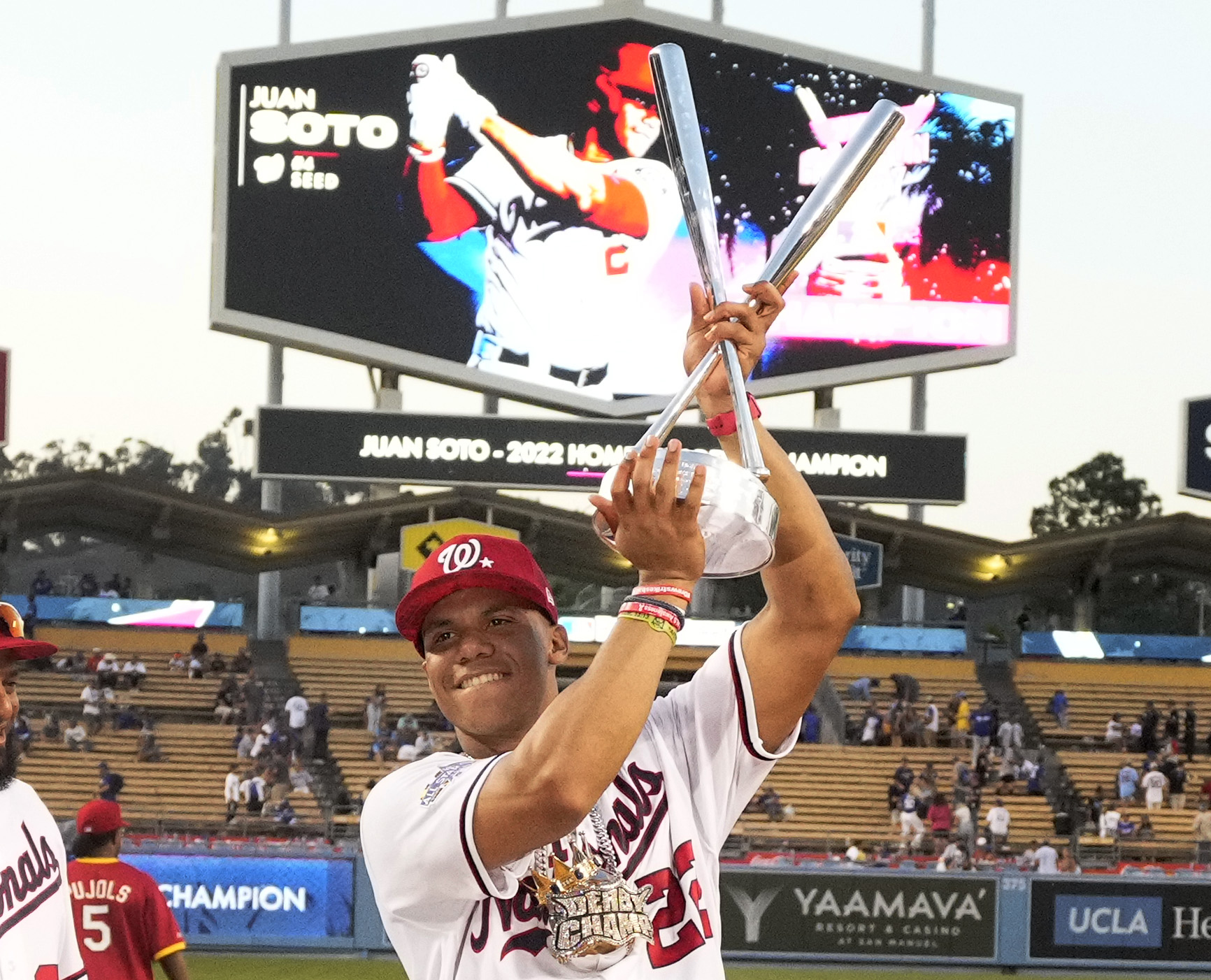Juan Soto of the Washington Nationals wins the All-Star Home Run Derby at Dodger Stadium in Los Angeles.