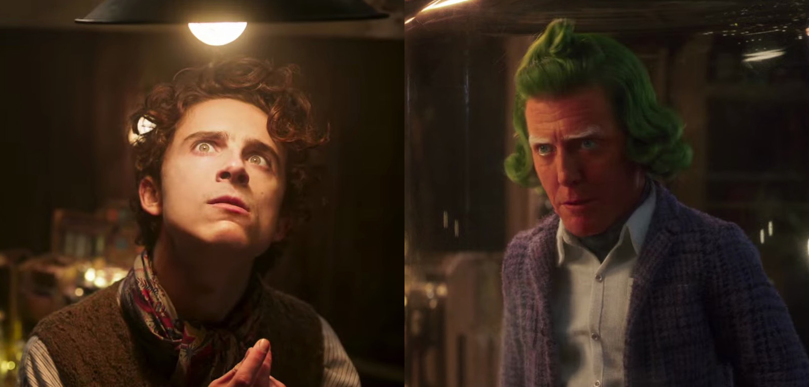 A spliced shot of Timothee Chalamet’s Wonka and Hugh grant has a green-haired red-faced Oompa Loompa