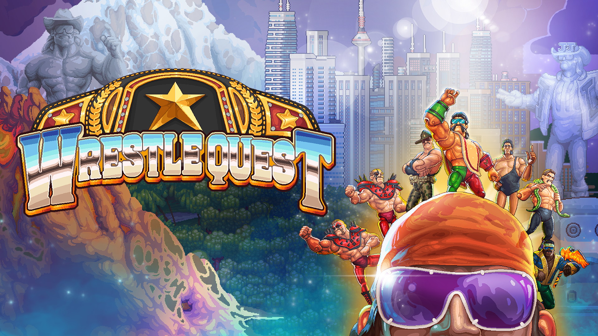 key art for WrestleQuest, with cartoon-style depictions of famous wrestlers The Road Warriors, Sgt. Slaughter, Randy Macho Man Savage, Andre the Giant, and Koko B. Ware