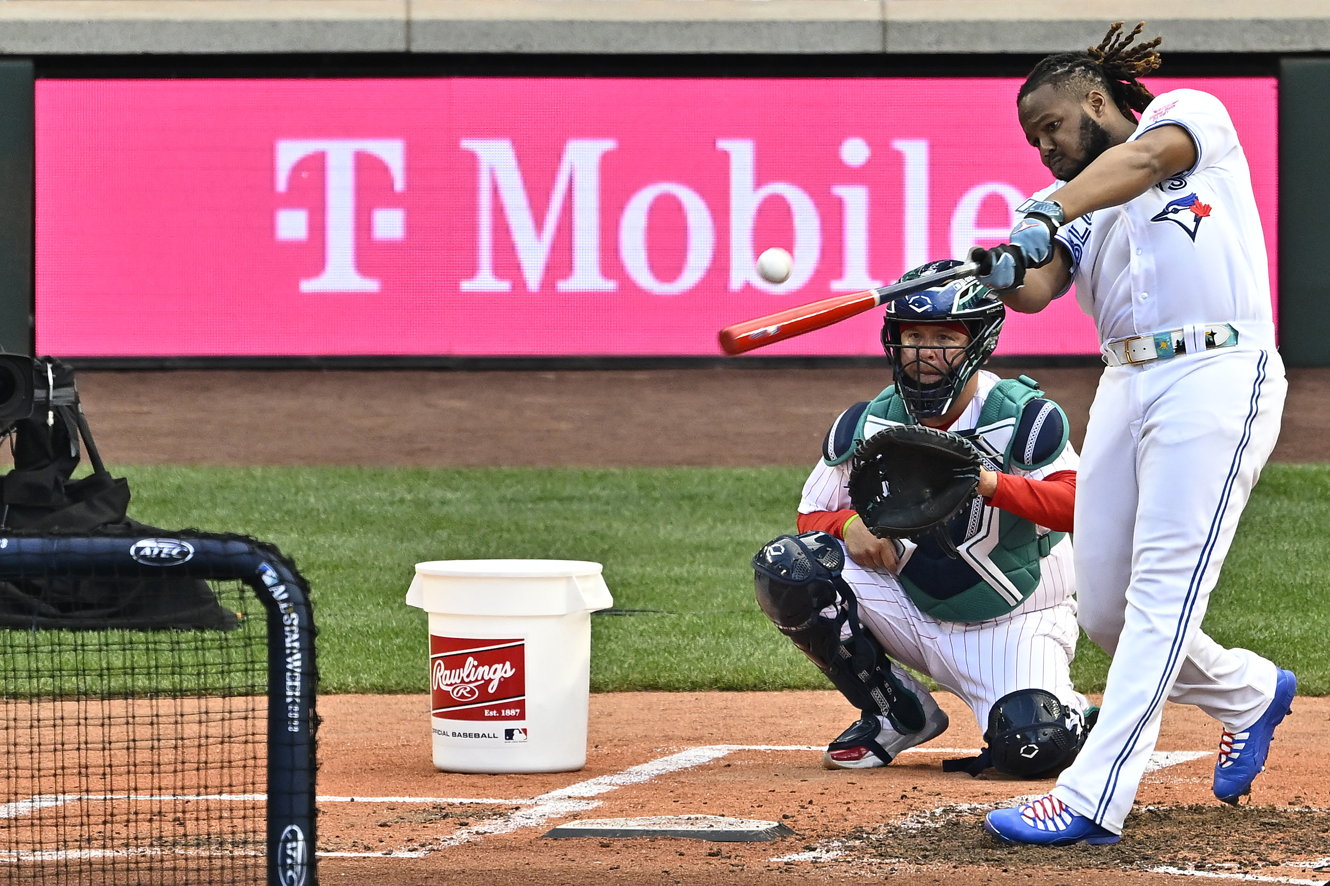 Vladimir Guerrero Jr. of the Toronto Blue Jays bats during the T-Mobile Home Run Derby at T-Mobile Park on July 10, 2023 in Seattle, Washington.