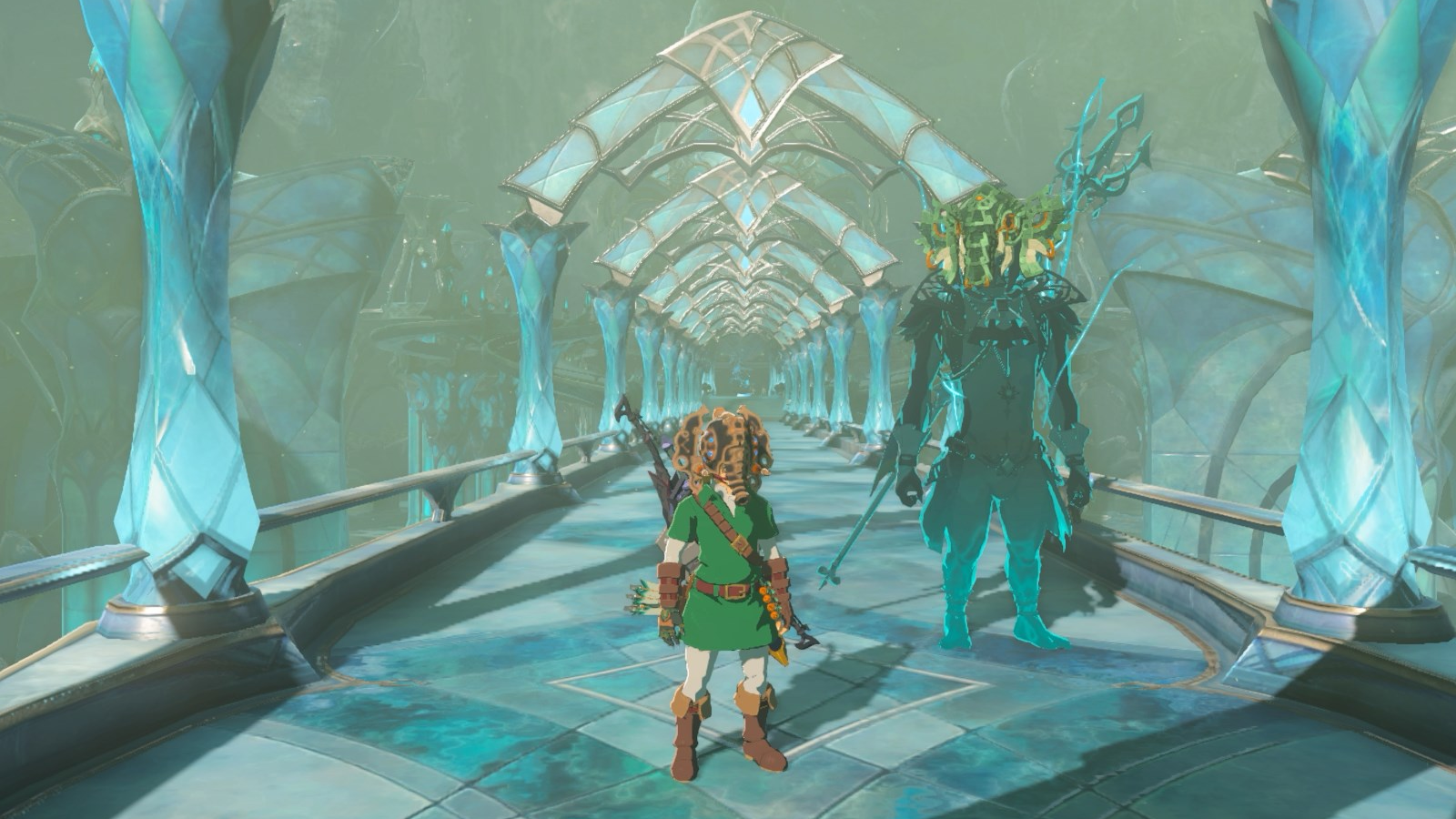 Link and Sidon’s avatar wearing the Vah Ruta Divine Helm on the bridge leading to the Zora’s Domain in The Legend of Zelda: Tears of the Kingdom.