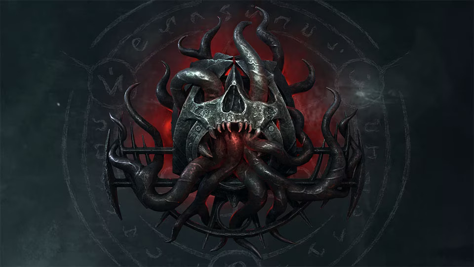 A skull with tentacles growing out of it. The logo for Diablo 4: Season of the Malignant