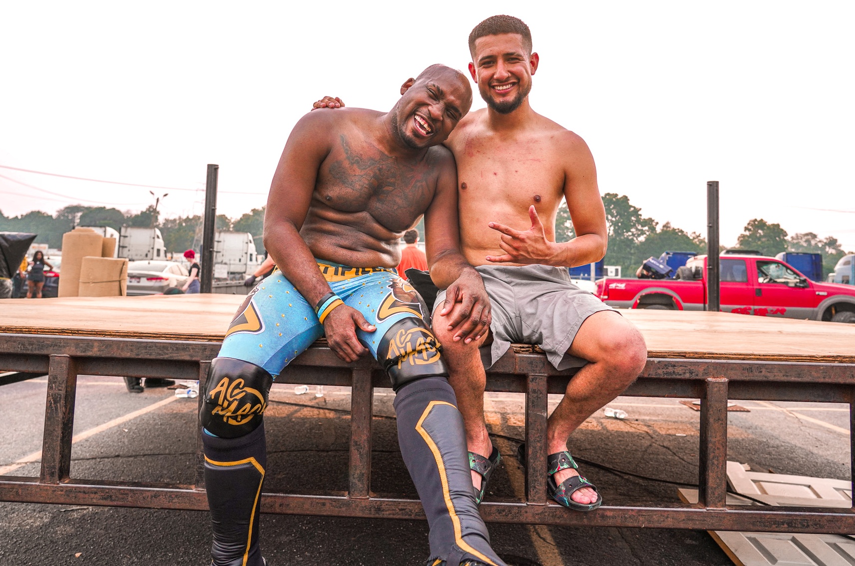 Ac Mack, left, and Rico Gonzalez after Mack’s final pro wrestling match
